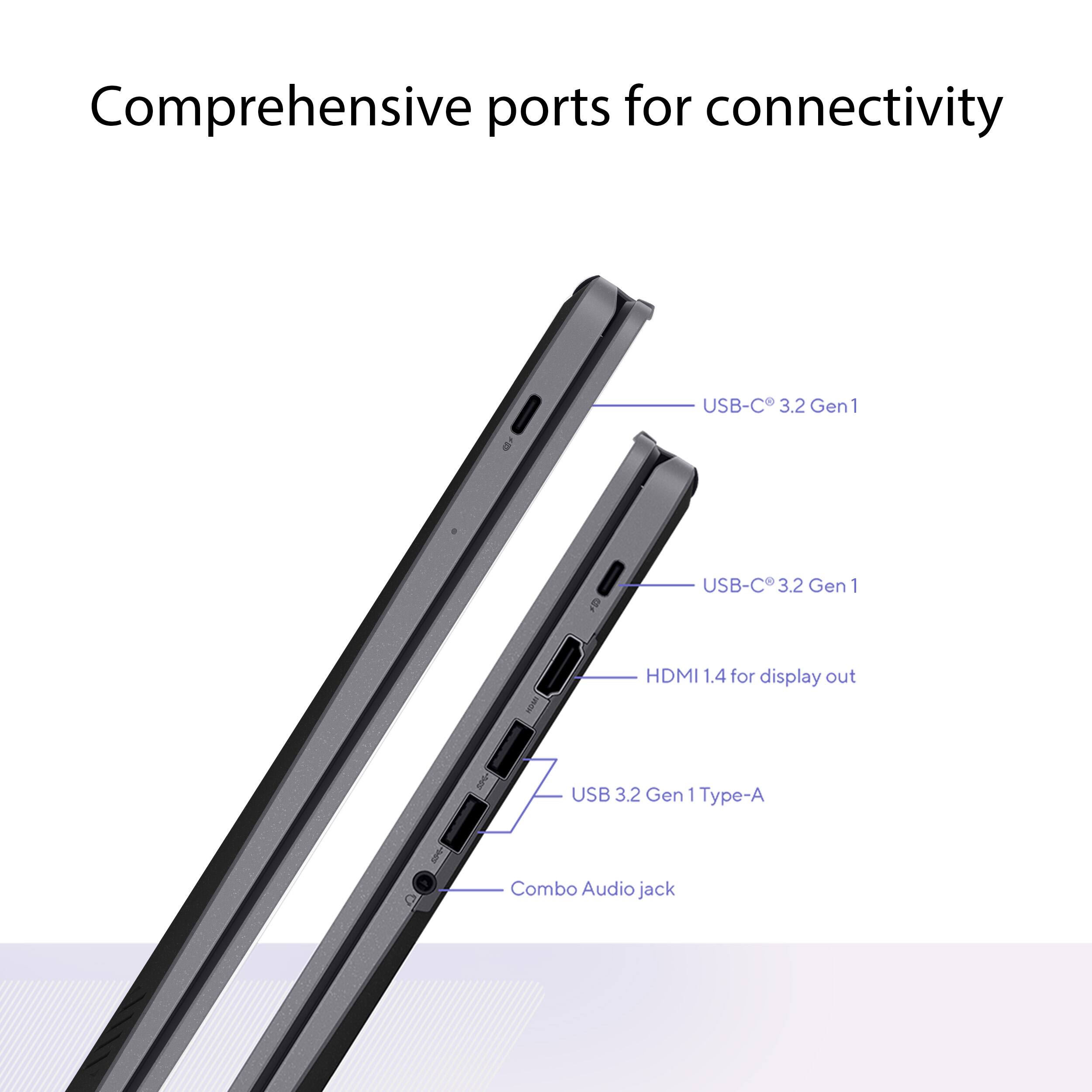 Comprehensive ports for connectivity include USB-C 3.2 Gen 1, USB-C 3.2 Gen 1 Type-A, HDMI 1.4 for display out, and a Combo Audio jack.