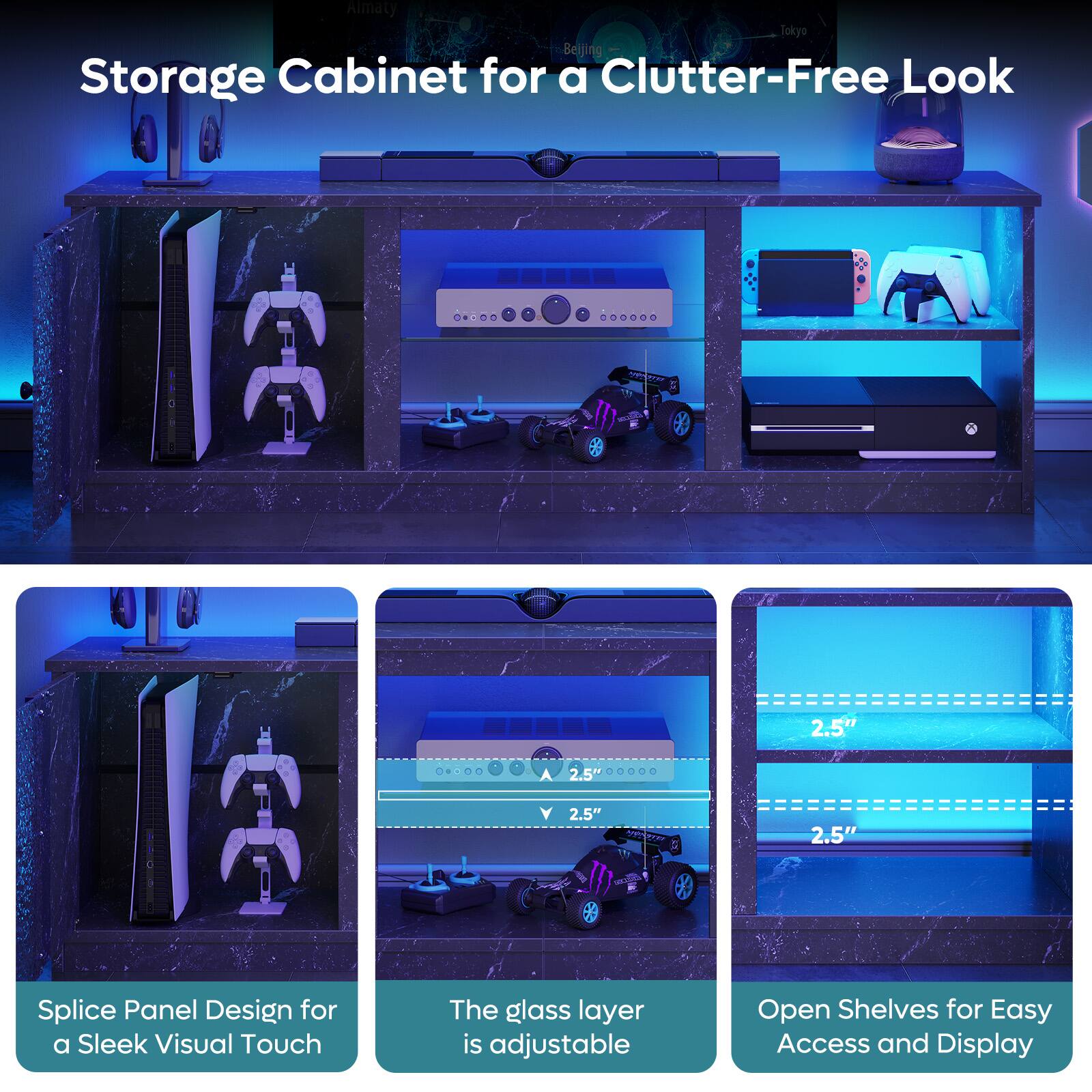 The text on the image is grouped and corrected as follows:

Title: Storage Cabinet for a Clutter-Free Look

Description: The glass layer is adjustable. Splice Panel Design for a Sleek Visual Touch. Open Shelves for Easy Access and Display.