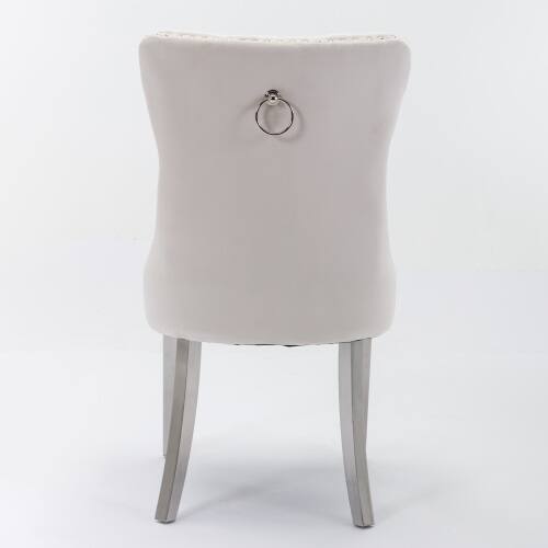 Back. LUCKY ONE - Assembled Tufted Velvet Dining Chair Set of 2 with Chrome Stainless Steel Legs Nailhead Trim - Beige.