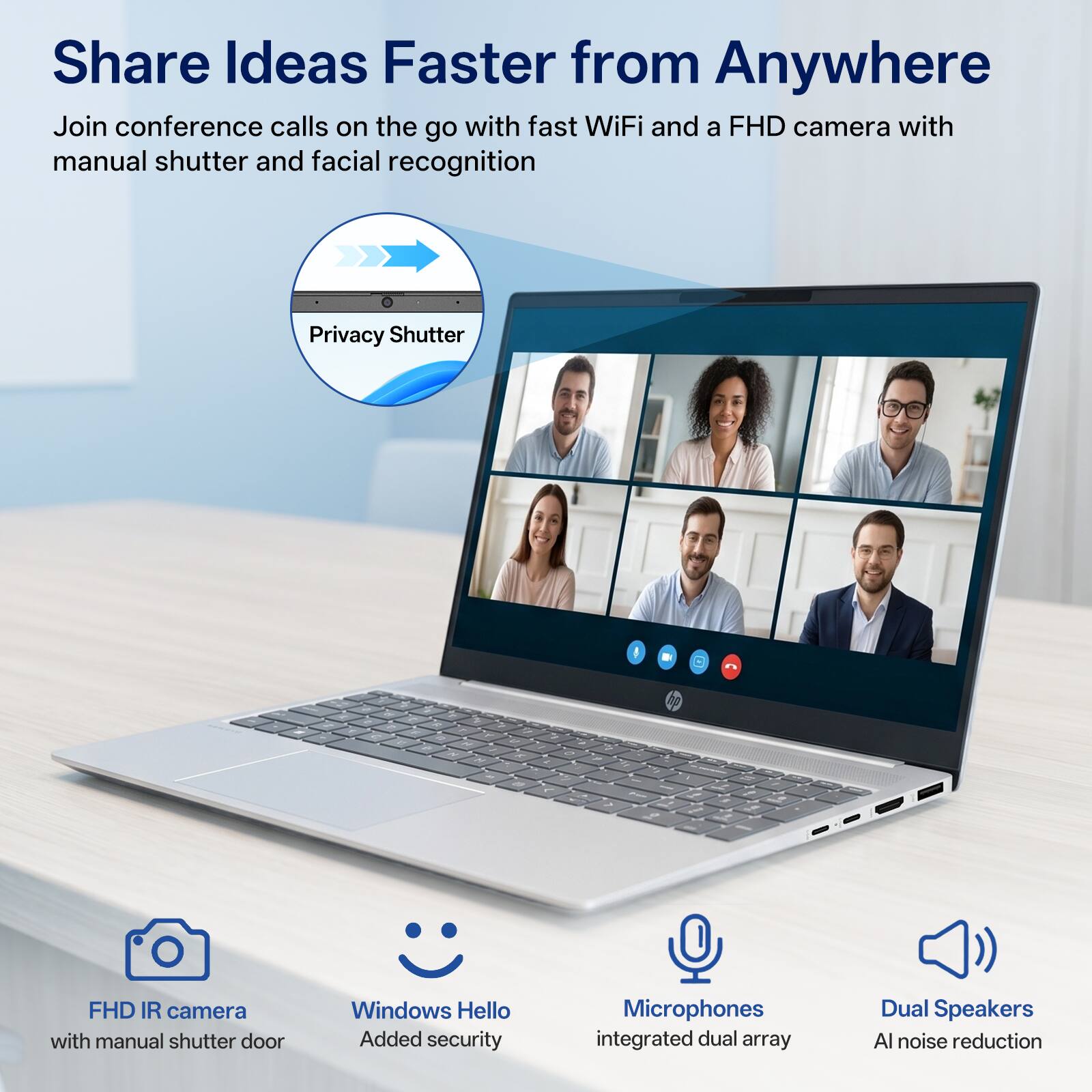 Share Ideas Faster from Anywhere

Join conference calls on the go with fast WiFi and a FHD camera with manual shutter and facial recognition

Privacy Shutter

FHD IR camera with manual shutter door
Windows Hello Added security
Microphones integrated dual array
Dual Speakers AI noise reduction