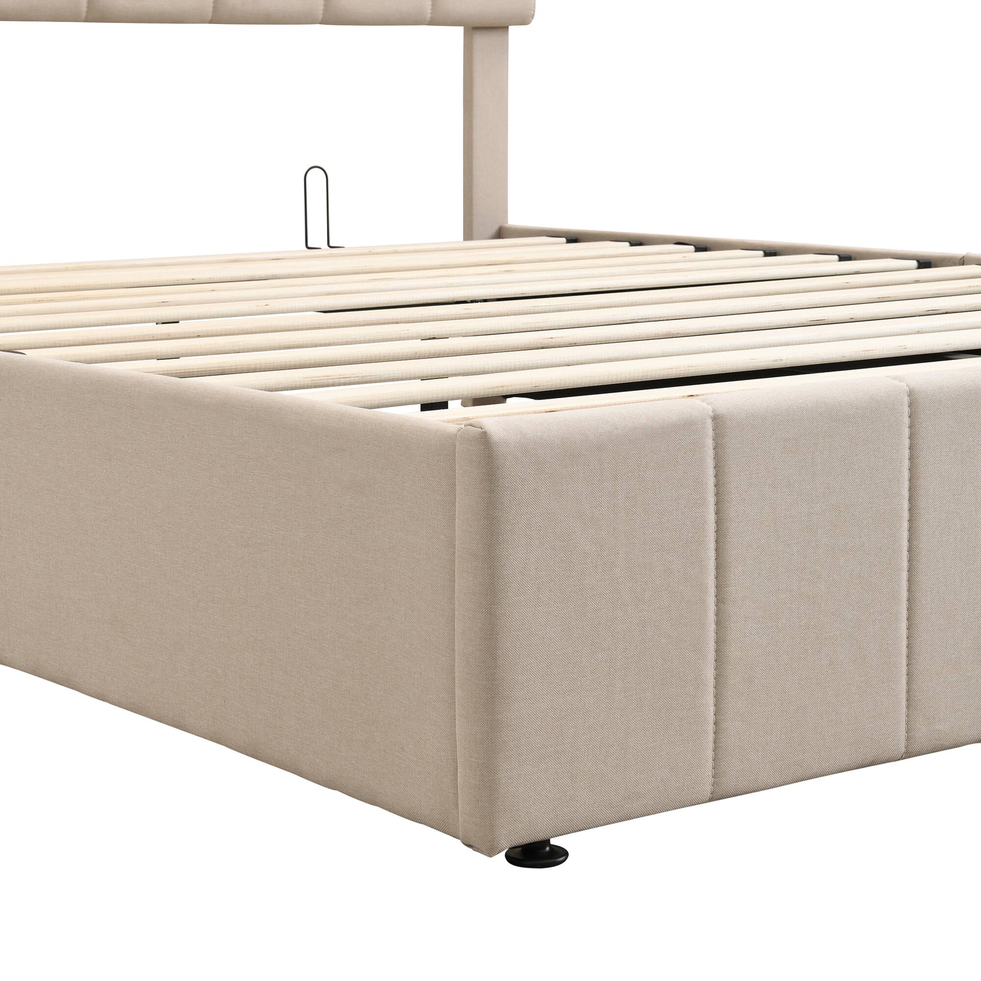 Alt View 6. GOODSILO - Queen Size Upholstered Platform Bed with Hydraulic Storage System - Beige.