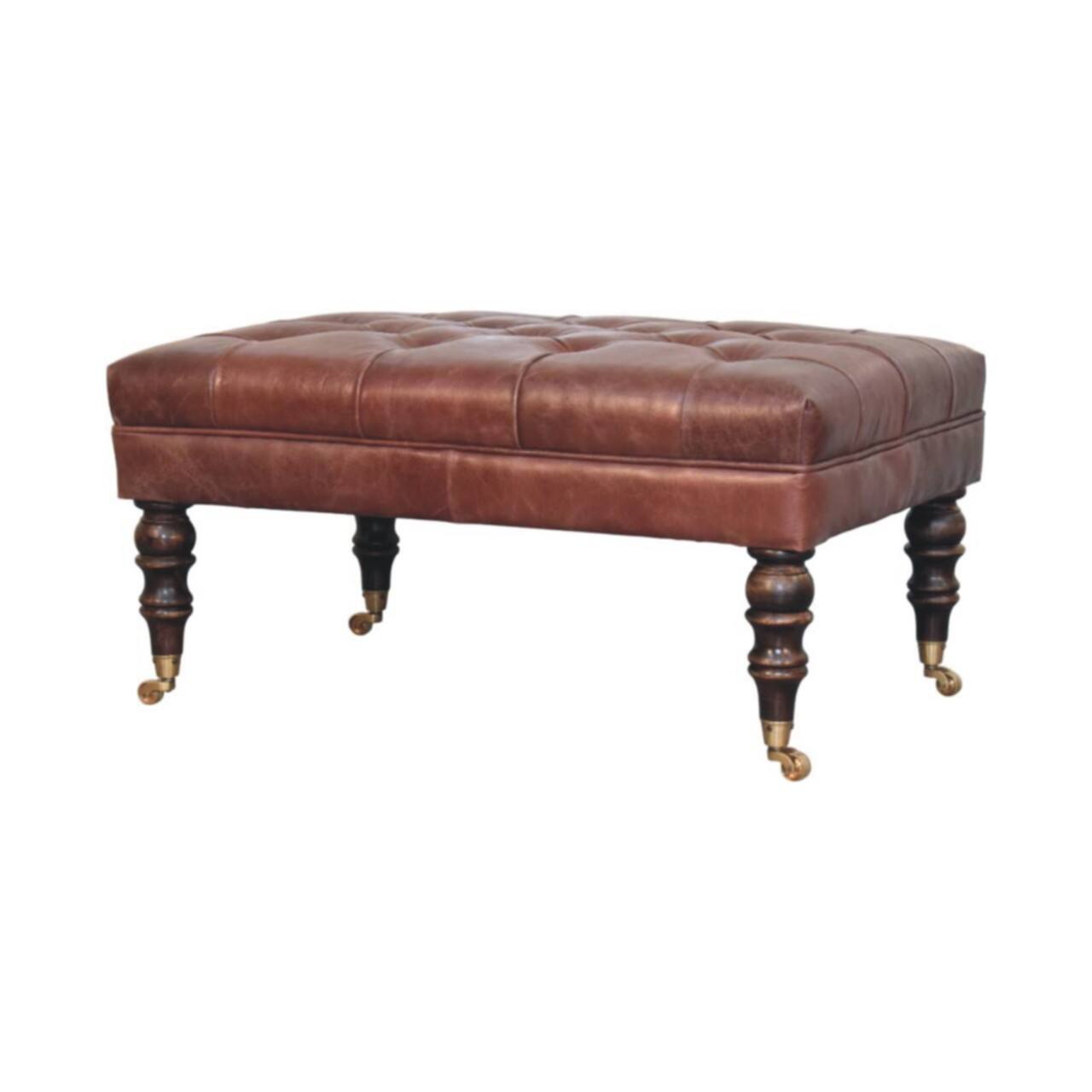 Back. Artisan Furniture - Artisan Furniture Solid Wood Buffalo Brown Leather Ottoman with Castor Legs, Upholstered - Brown.