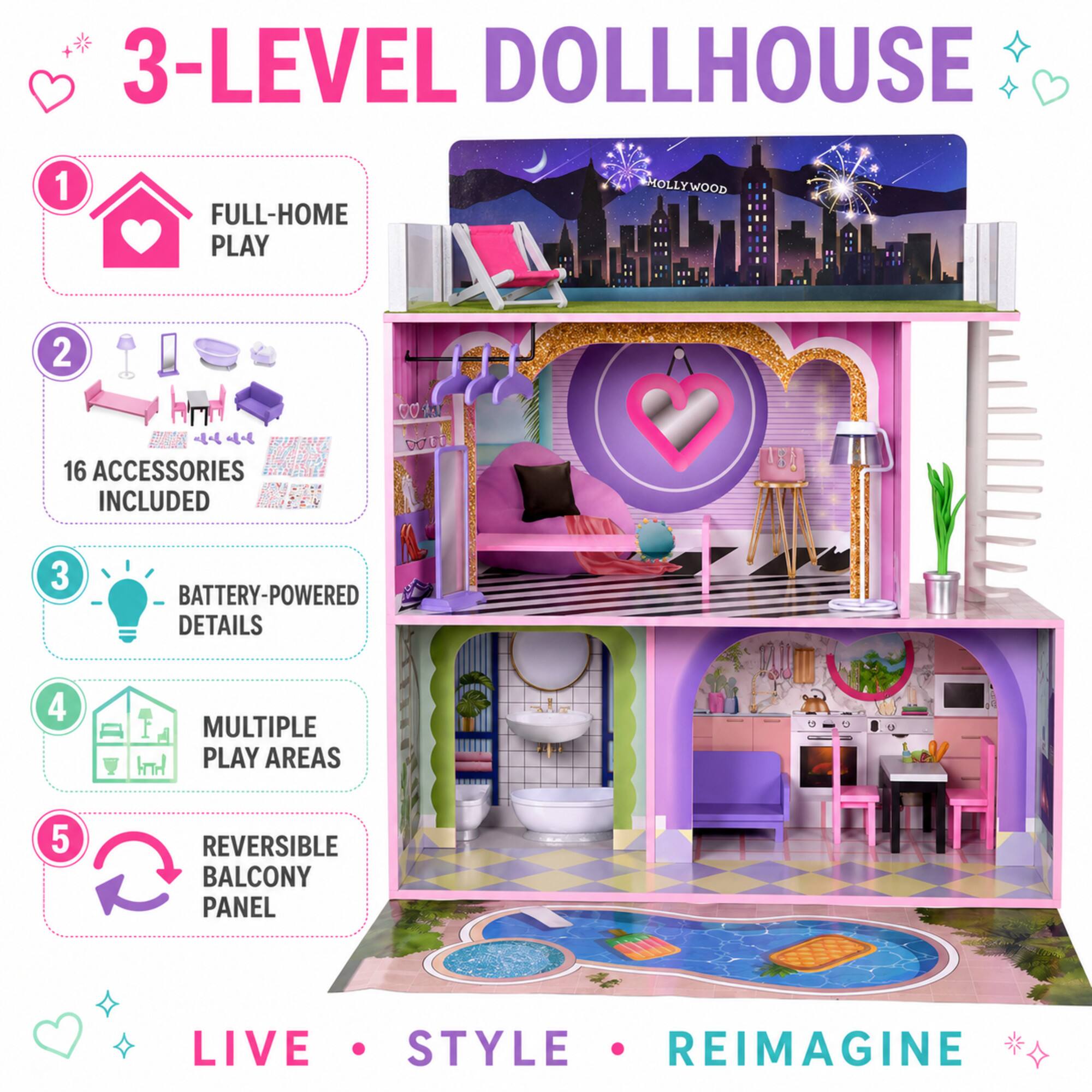 3-LEVEL DOLLHOUSE

1. FULL-HOME PLAY
2. 16 ACCESSORIES INCLUDED
3. BATTERY-POWERED DETAILS
4. MULTIPLE PLAY AREAS
5. REVERSIBLE BALCONY PANEL

LIVE • STYLE • REIMAGINE