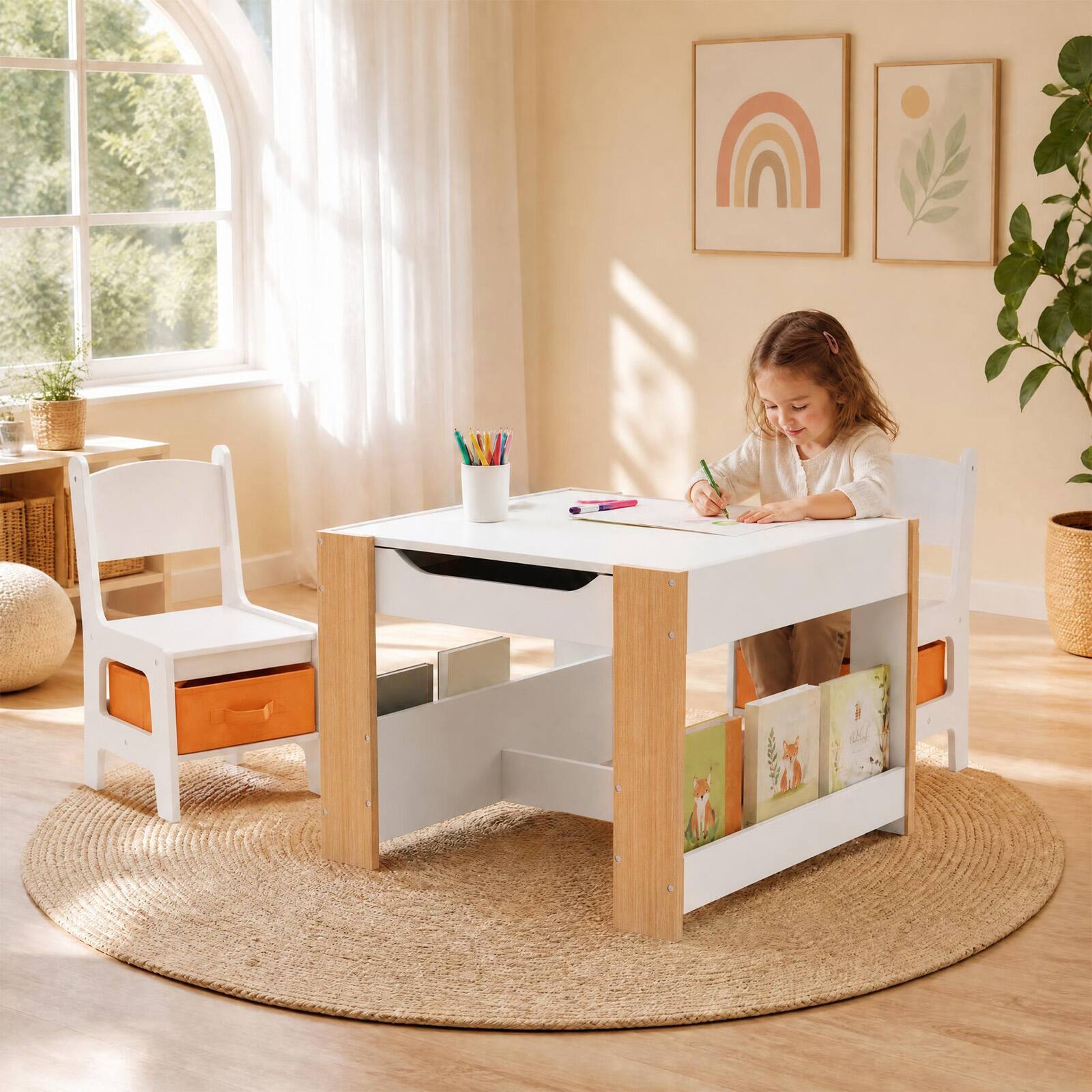 Alt View 1. Costway - Costway 4-in-1 Kids Table & Chair Set Toddler Wooden Activity Table with Side Bookshelves Beige - Beige.