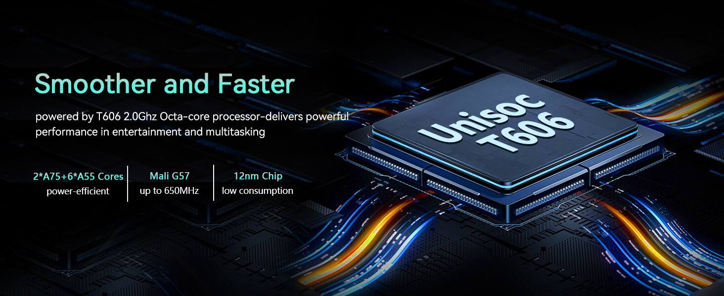Smoother and Faster  
powered by T606 2.0Ghz Octa-core processor-delivers powerful performance in entertainment and multitasking  
2*A75+6*A55 Cores  
power-efficient  
Mali G57  
up to 650MHz  
12nm Chip  
low consumption  
Unisoc T606
