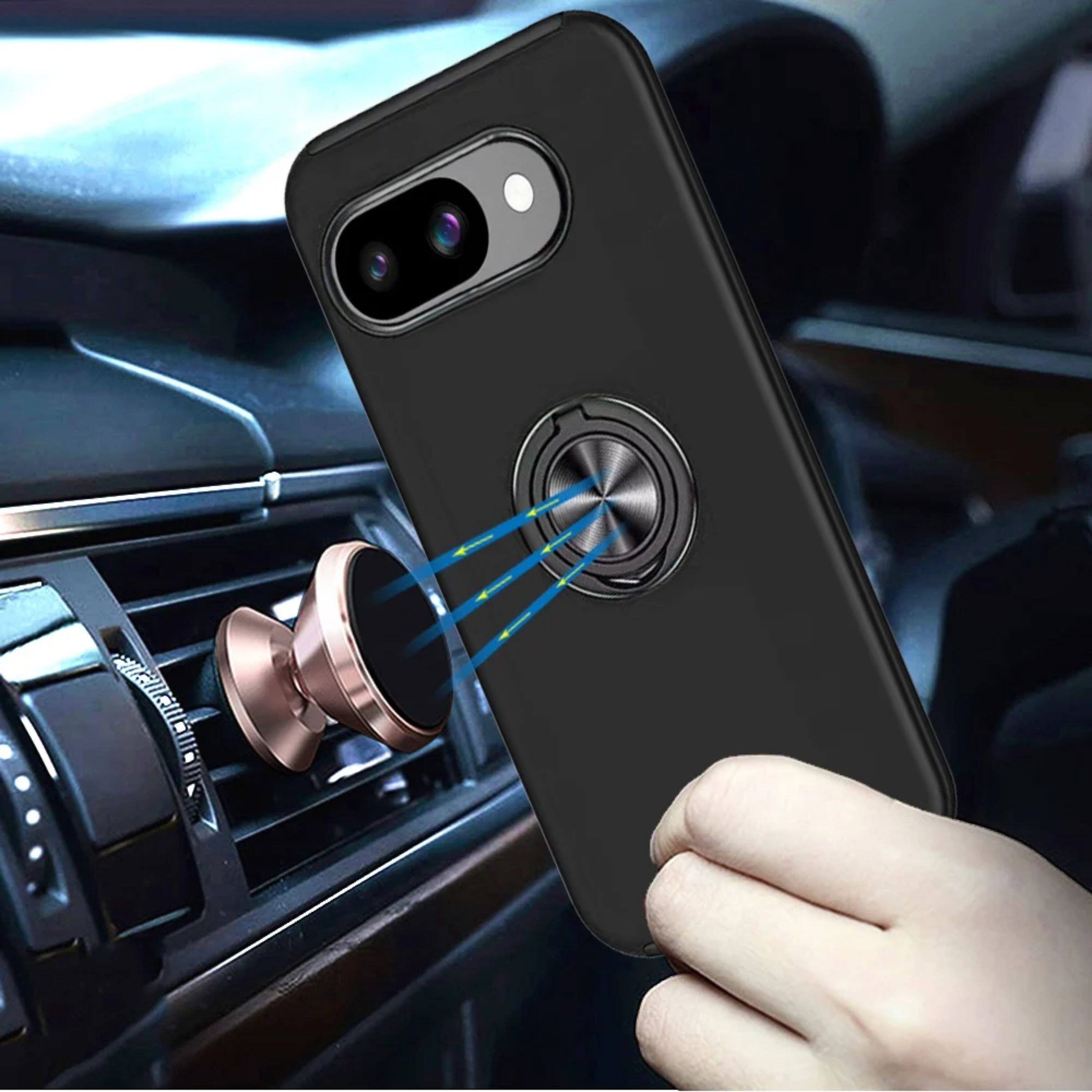 Angle. Kitcheniva - Rubber Dual Layer Phone Case Magnetic Ring Stand With Tempered Glass For Google Pixel 10a Black - Black.