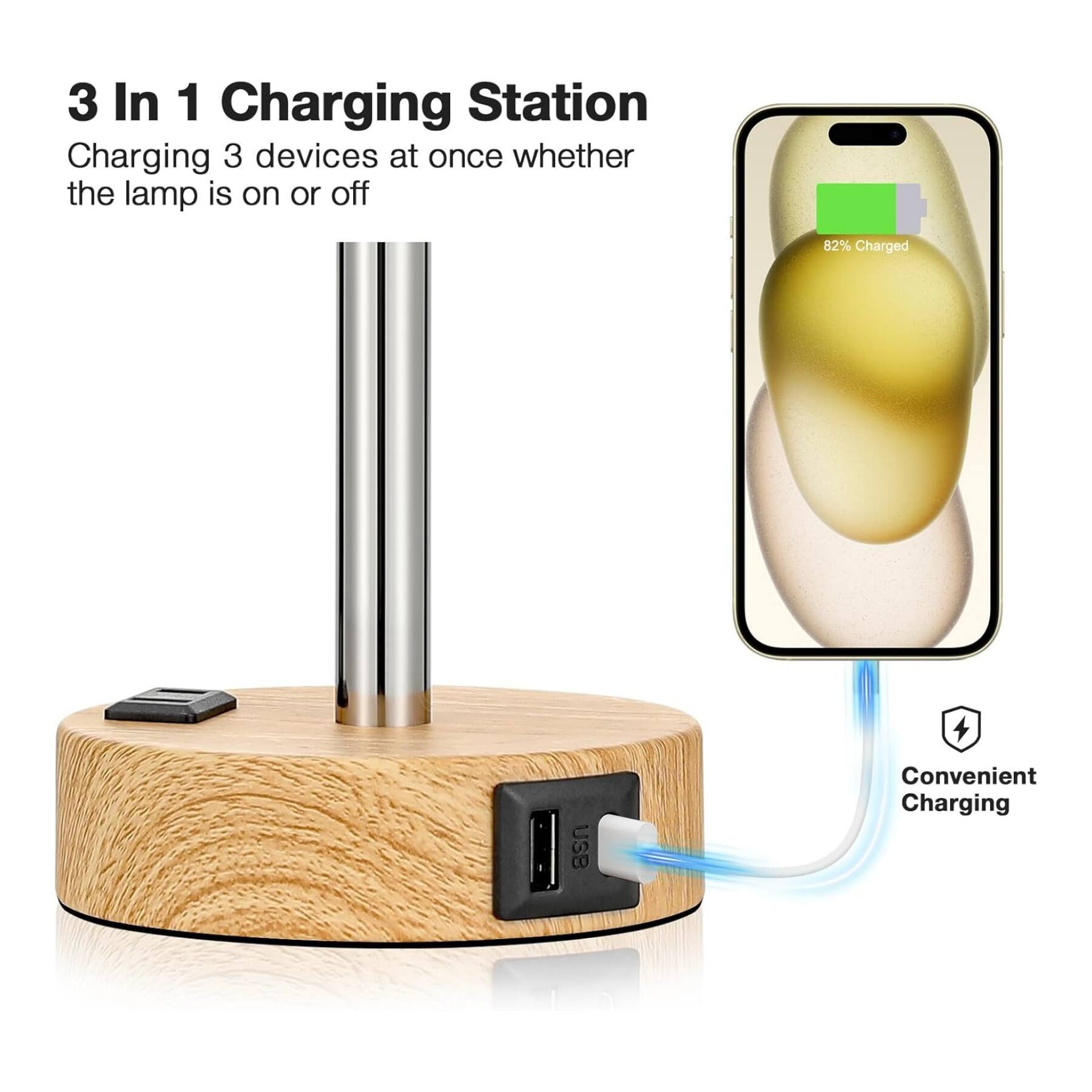 3 In 1 Charging Station  
Charging 3 devices at once whether the lamp is on or off  

82% Charged  

USB  
Convenient Charging