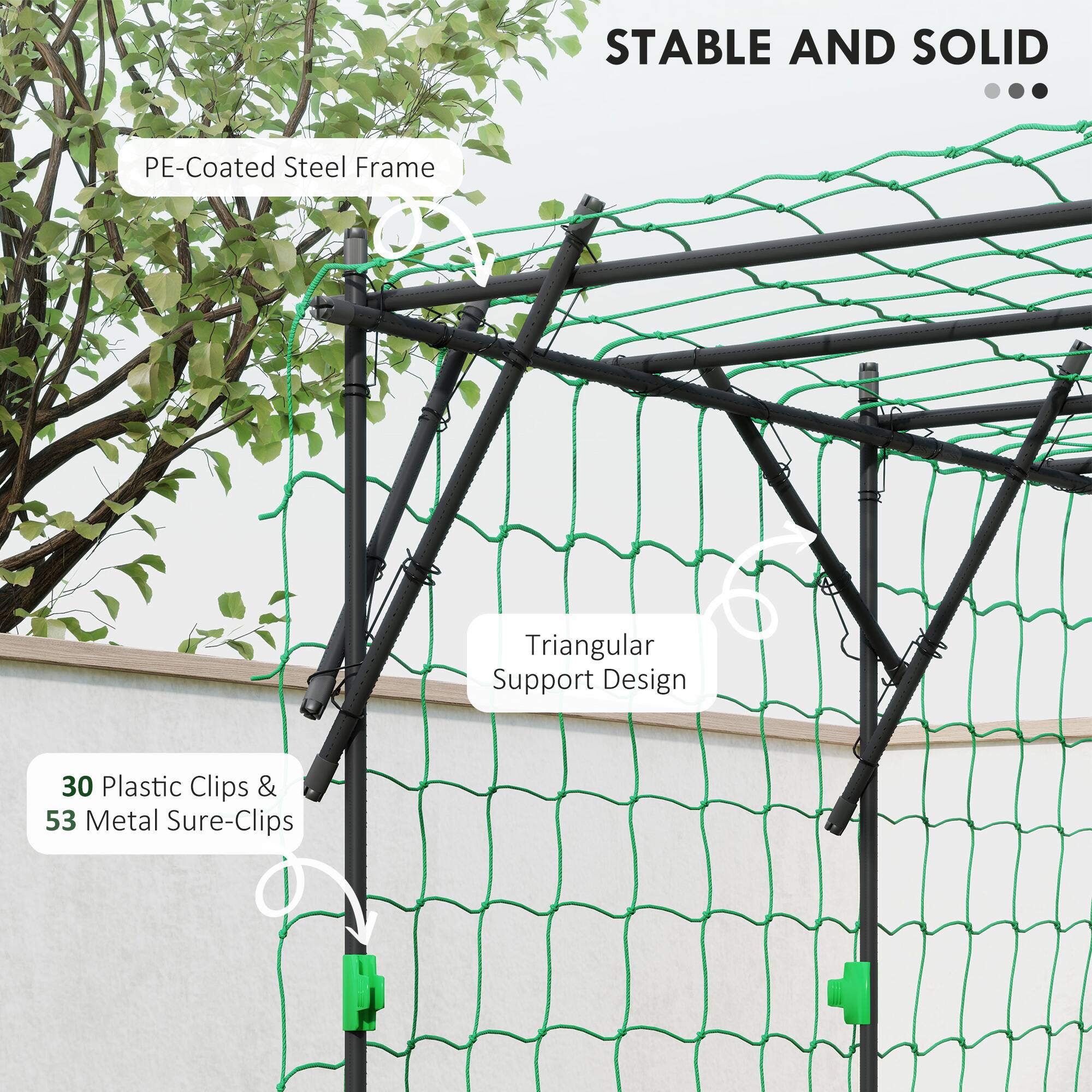 STABLE AND SOLID

- PE-Coated Steel Frame
- Triangular Support Design
- 30 Plastic Clips & 53 Metal Sure-Clips