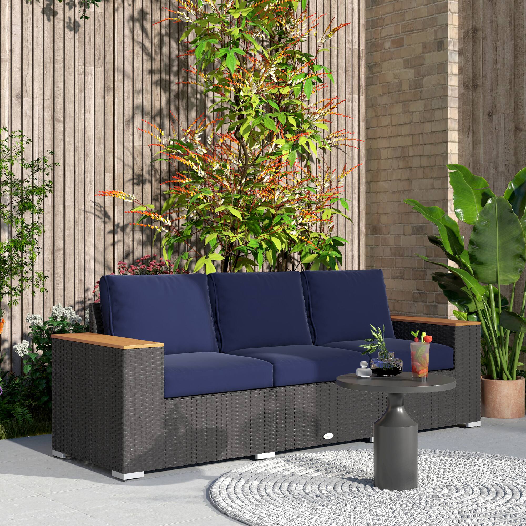 Alt View 1. Outsunny - Outdoor Patio Sofa, PE Wicker Outdoor Couch with Extra Wide Deep Seat, Wide Armrests 4" Cushions - Navy Blue.