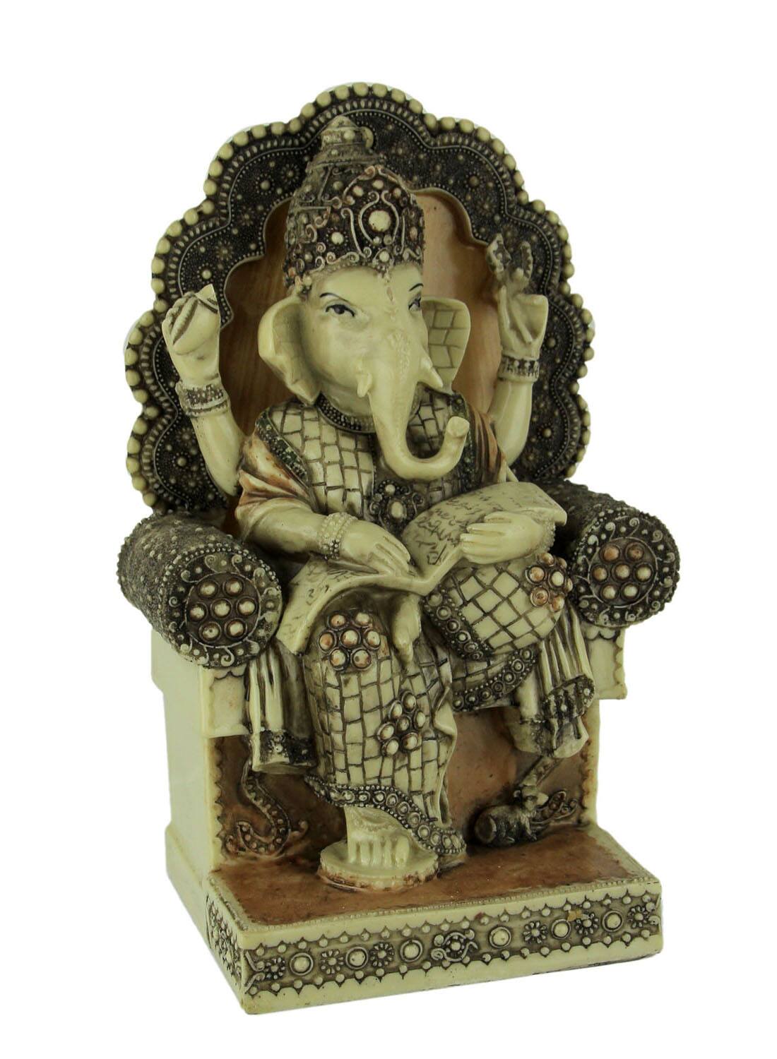 Front. Zeckos - Lord Ganesha Sitting On Throne Reading Secret Scripture Statue - Off-white.