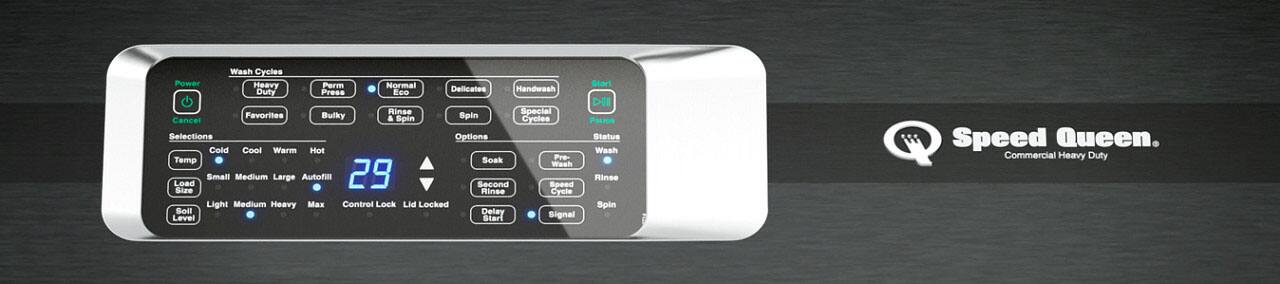 Here is the corrected and grouped text based on the image:

**Wash Cycles:**
- Heavy
- Perm
- Normal
- Eco
- Delicates
- Handwash
- Special
- Bulky
- Rinse
- Spin
- Favorites
- Bulky & Spin
- DDI Rinse
- Soak
- Pre-Wash
- Load
- Small
- Medium
- Large
- Autofill

**Spin Cycles:**
- Light
- Medium
- Heavy
- Max

**Wash Temp:**
- Cold
- Cool
- Warm
- Hot

**Options:**
- Soak
- Second Rinse
- Delay Start
- Signal
- Speed Queen

**Control:**
- Power
- Cancel
- Start
- Pause
- Status
- Control Lock
- Lid Locked

**Additional:**
- 29 Second Speed Rinse
- Soil Level
- Commercial Heavy Duty