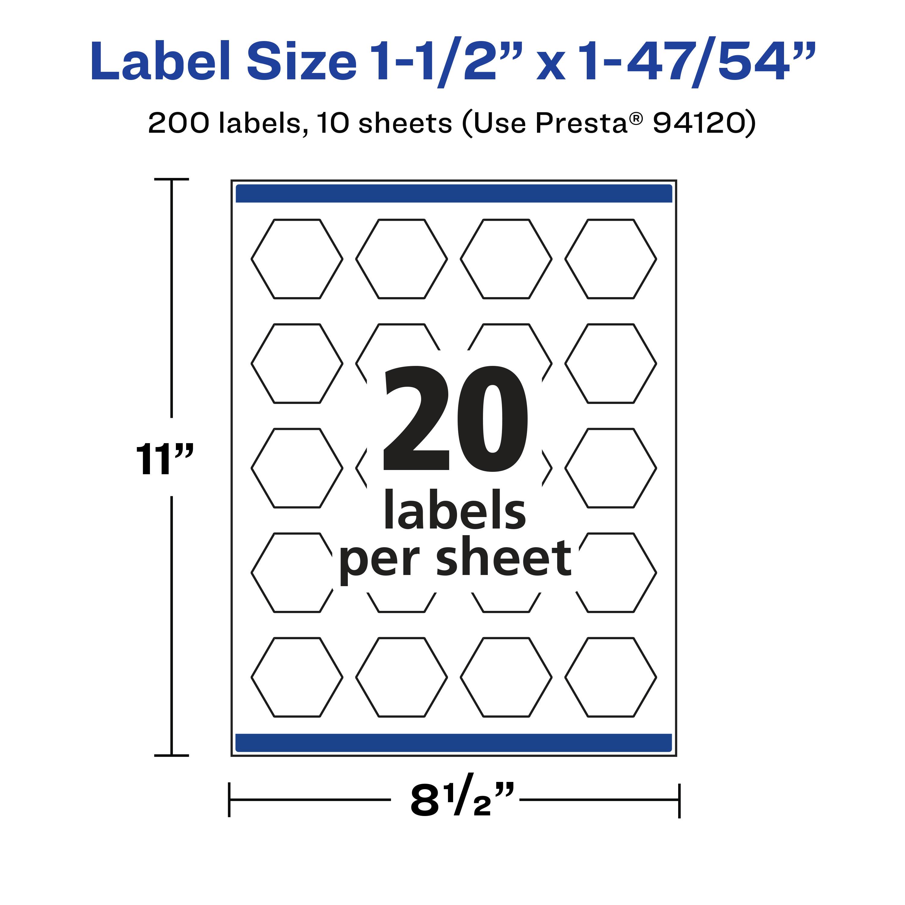 Label Size 1-1/2" x 1-47/54"  
200 labels, 10 sheets (Use Presta® 94120)  
11" x 8-1/2"  
20 labels per sheet