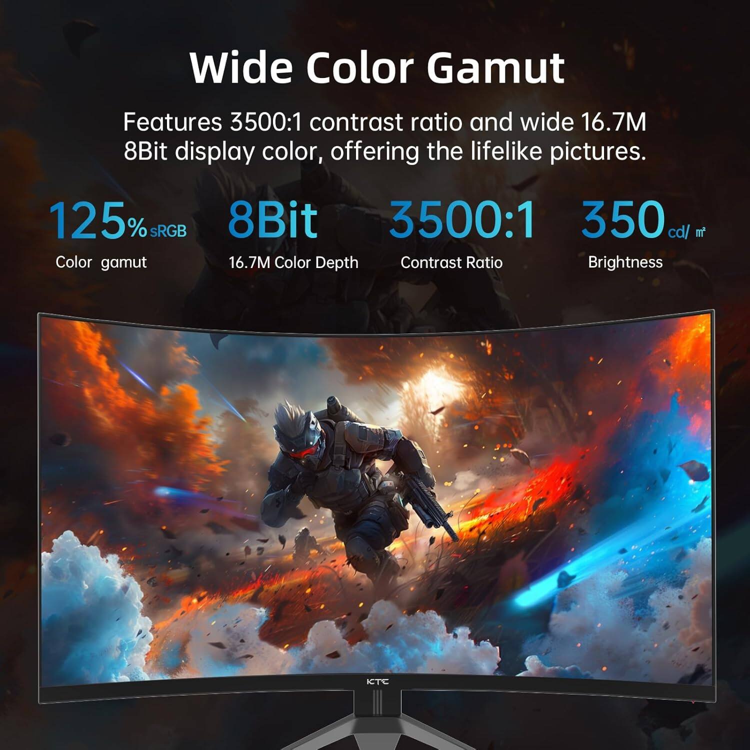 Wide Color Gamut

Features 3500:1 contrast ratio and wide 16.7M 8Bit display color, offering the lifelike pictures.

125% sRGB Color gamut
8Bit
16.7M Color Depth
3500:1 Contrast Ratio
350 cd/m² Brightness