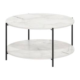 FurniFact - Light Marble 2-Tier Round Coffee Table with Storage Shelf and Metal Legs - Light Marble, Black