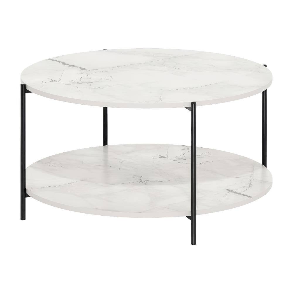 Front. FurniFact - Light Marble 2-Tier Round Coffee Table with Storage Shelf and Metal Legs - Light Marble, Black.