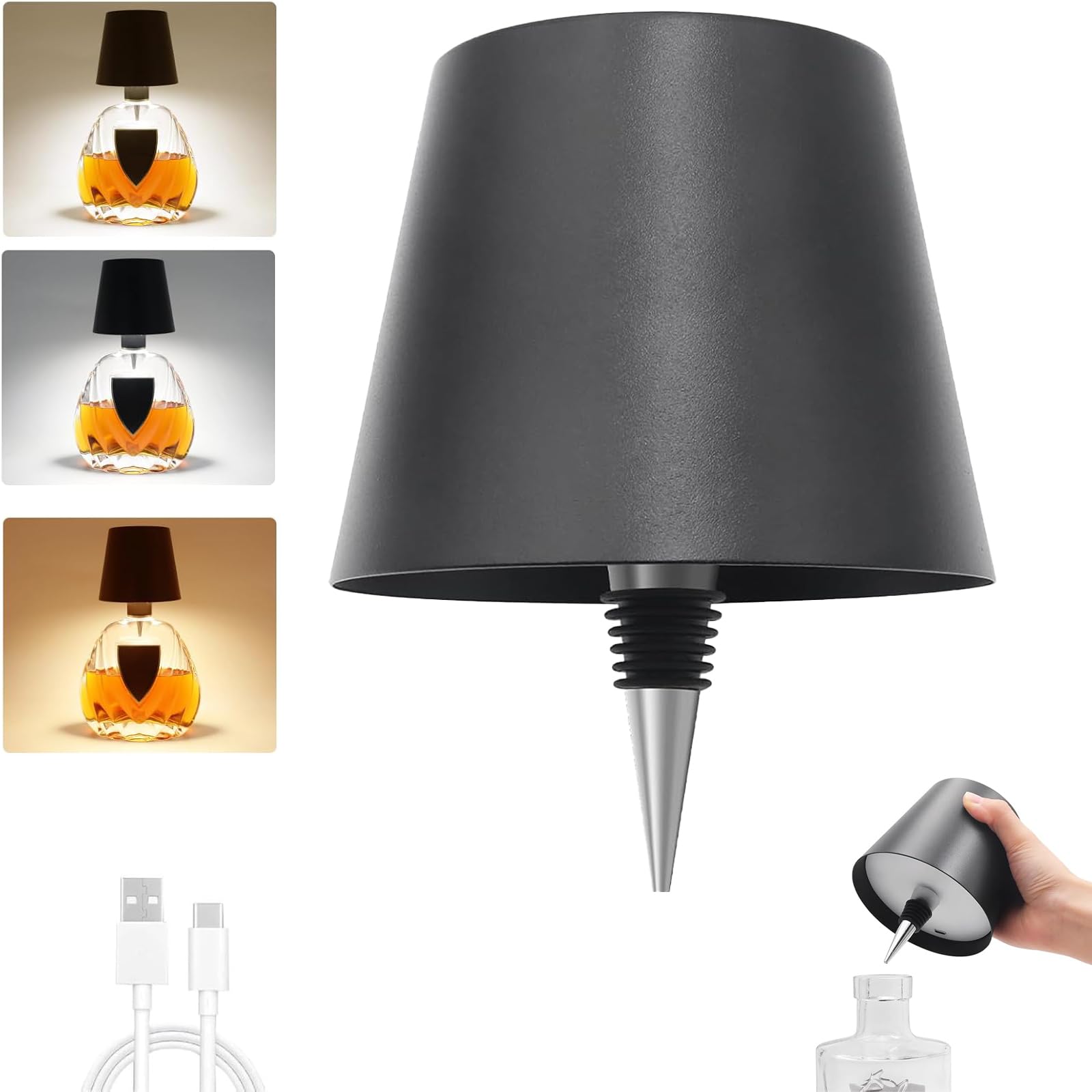 Paradigms Interiors - Wireless Bottle Lamp Metal Wine Light With 3 Color Dimming Waterproof Touch Head For Room Bar Restaurants P - Black