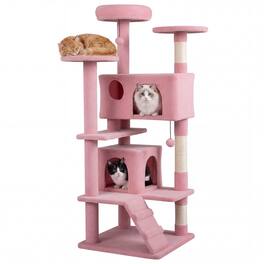 Gymax - 52'' Tall Cat Tree Tower w/2 Condos Plush Padded Perch Sisal Scratching Posts Pink