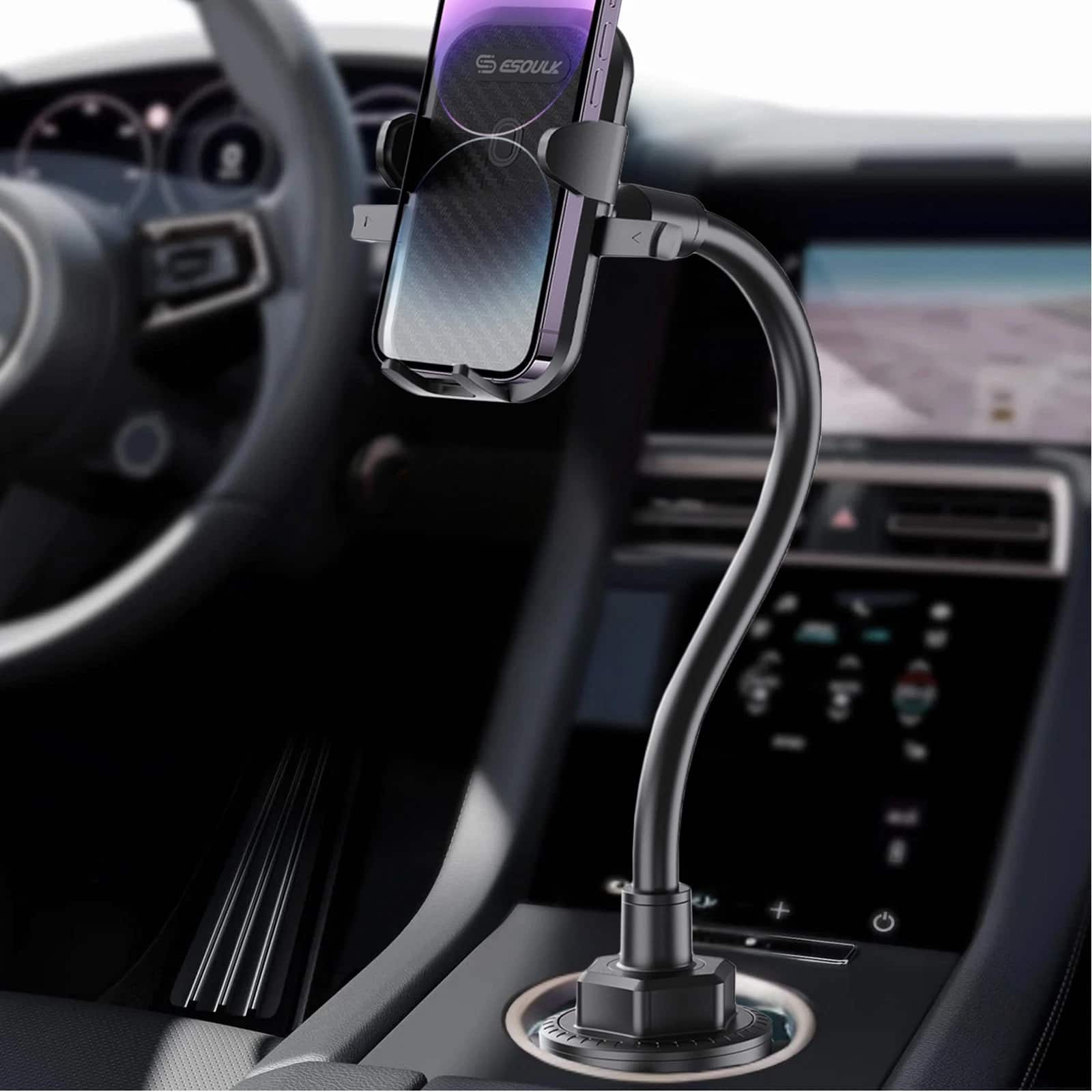Front. Esoulk - Universal Cup Holder Mount with Long Neck for Mobile Phones - Black.
