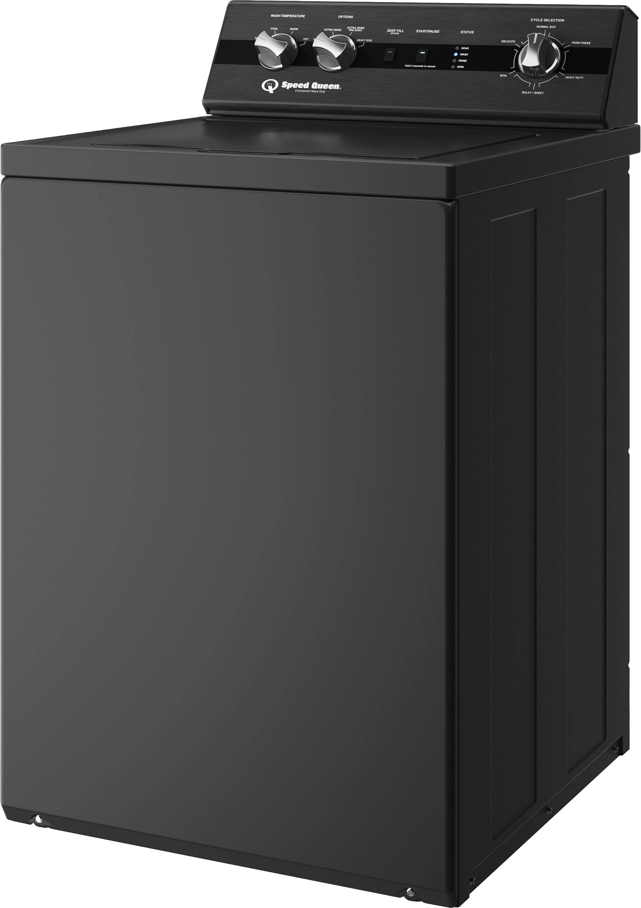 Speed Queen is the brand of the black appliance in the image.