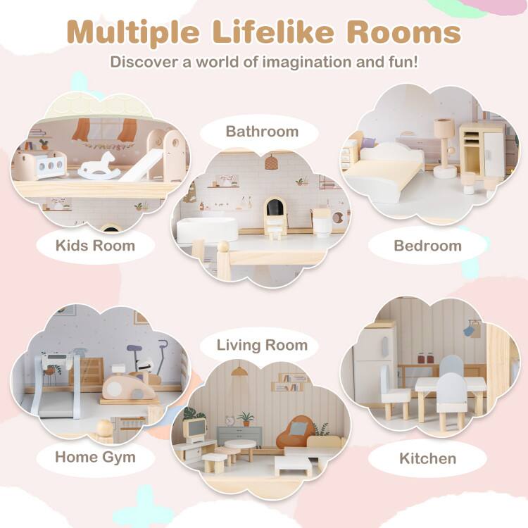 Multiple Lifelike Rooms  
Discover a world of imagination and fun!  

- Kids Room  
- Bathroom  
- Bedroom  
- Living Room  
- Home Gym  
- Kitchen