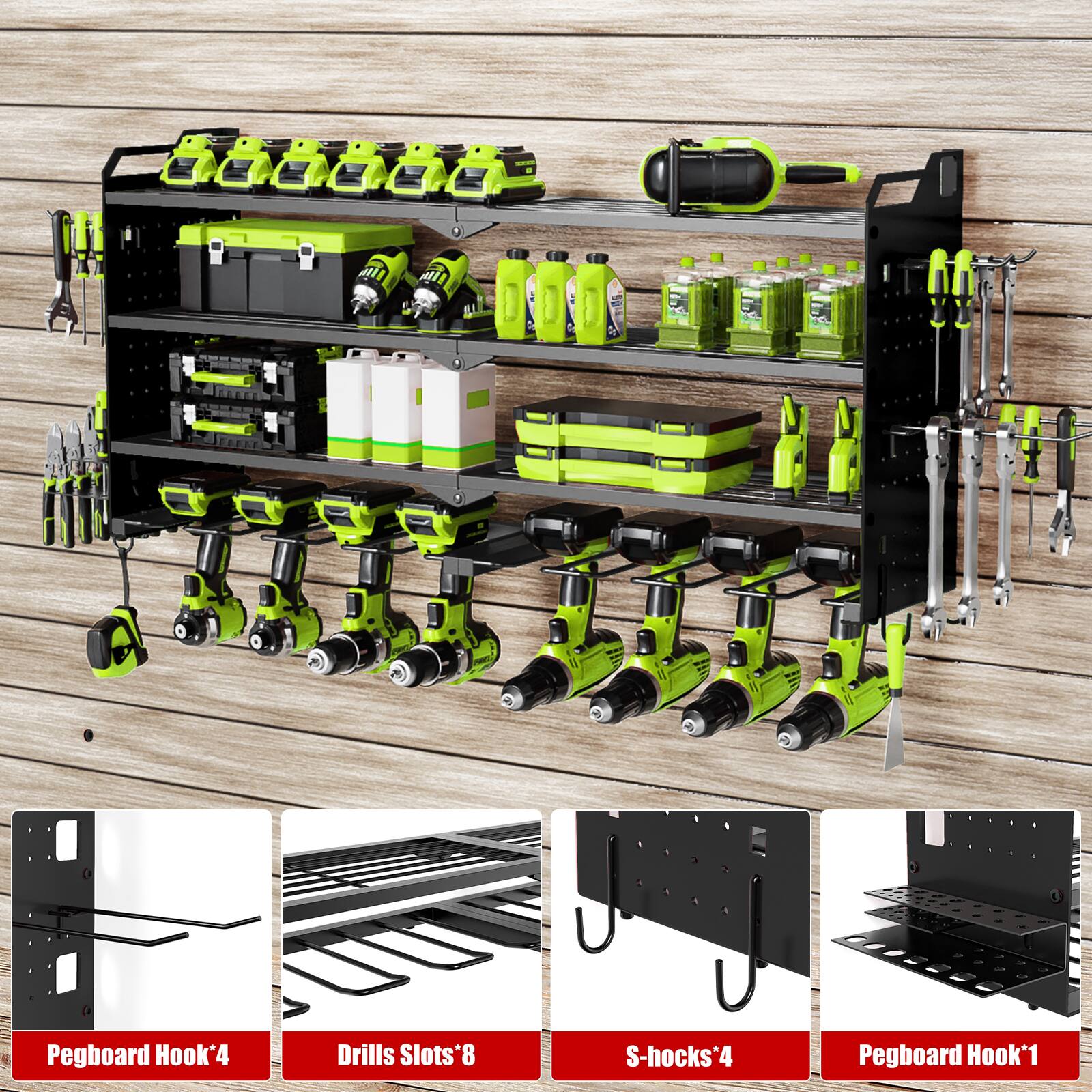 Pegboard Hook*4  
Drills Slots*8  
S-hocks*4  
Pegboard Hook*1