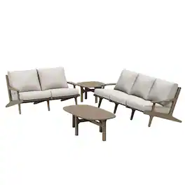 Modway - Saratoga 4-Piece Teak Wood Outdoor Patio Furniture Set - Slatted Design, Weather-Resistant Cushions - Weathered Gray Pebble