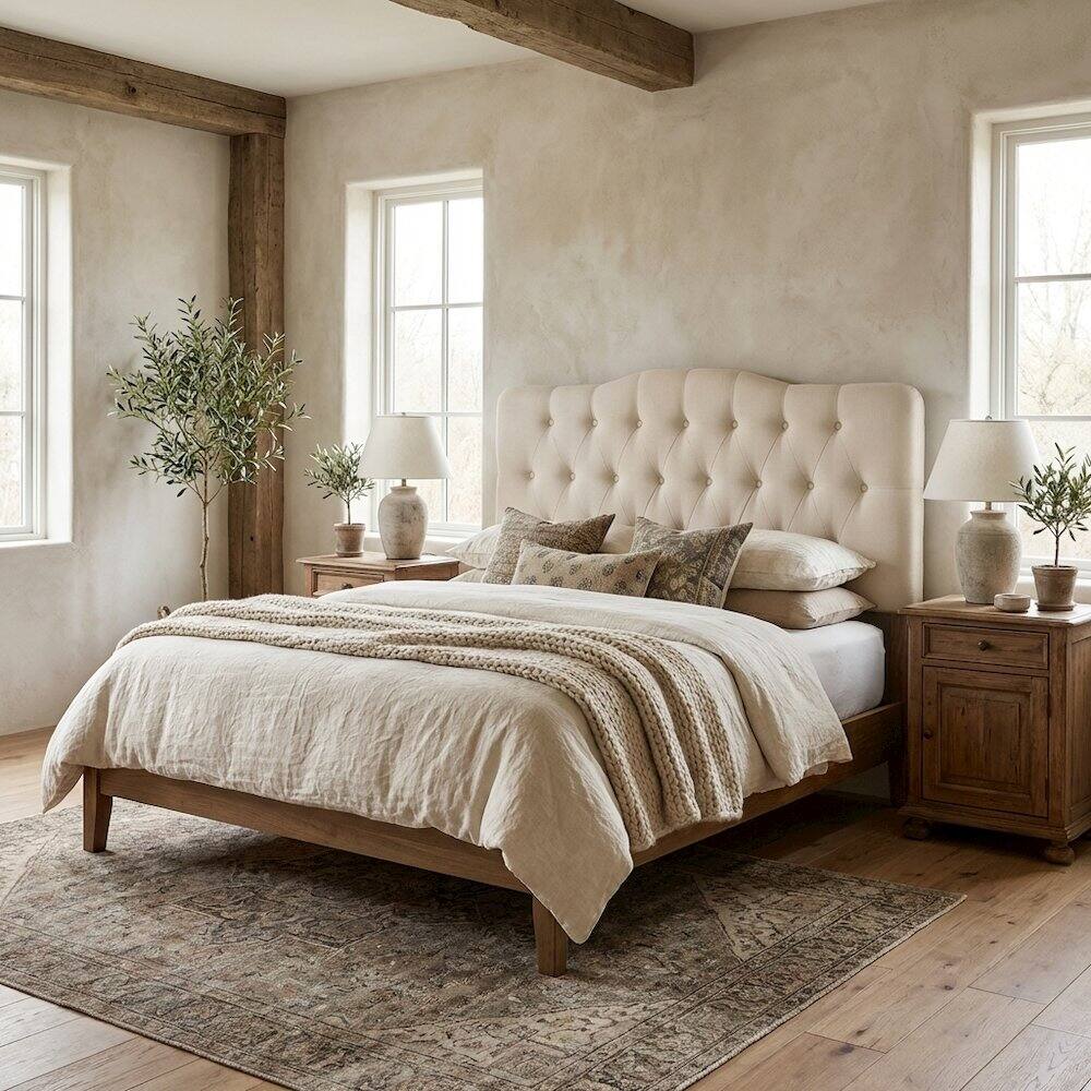 Angle. FurniFact - Upholstered Fabric King Headboard with Padded Design for Comfortable Support - Beige.