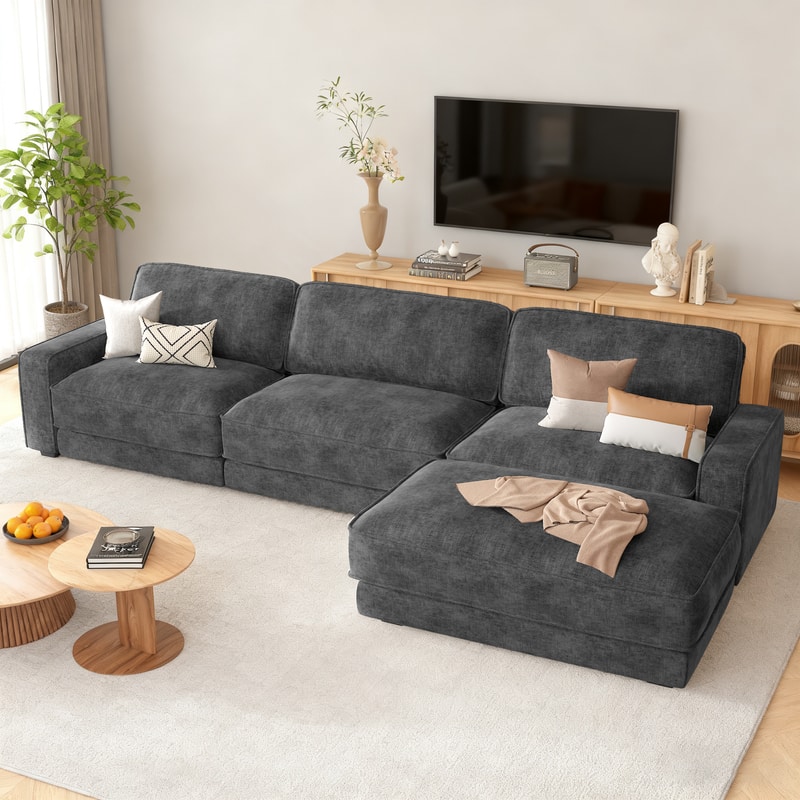 Front. Vipbear - 119" Sectional Modular Sofa - Chenille Fabric, Deep Cushions,Ultra Soft Skin-Friendly Cloud-Like Comfort for Living Room - Dark Gray.