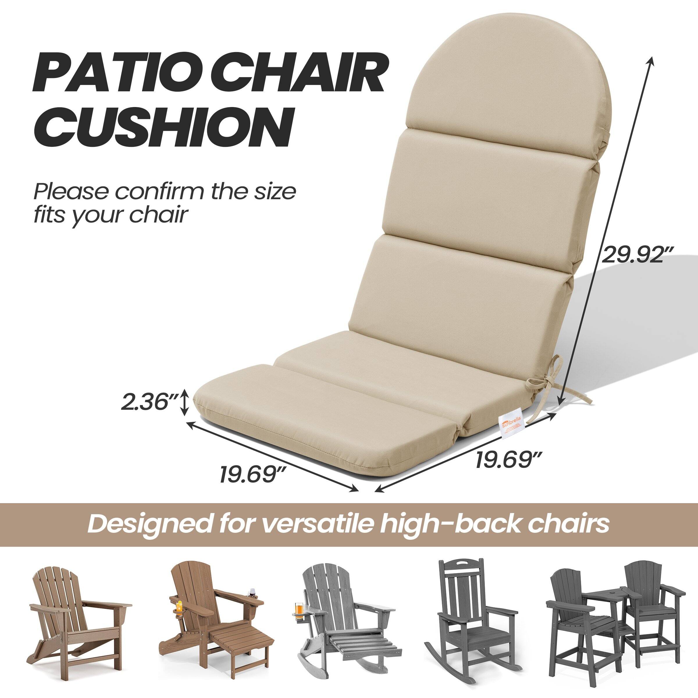 PATIO CHAIR CUSHION

Please confirm the size fits your chair

29.92"  
2.36"  
19.69" x 19.69"

Designed for versatile high-back chairs