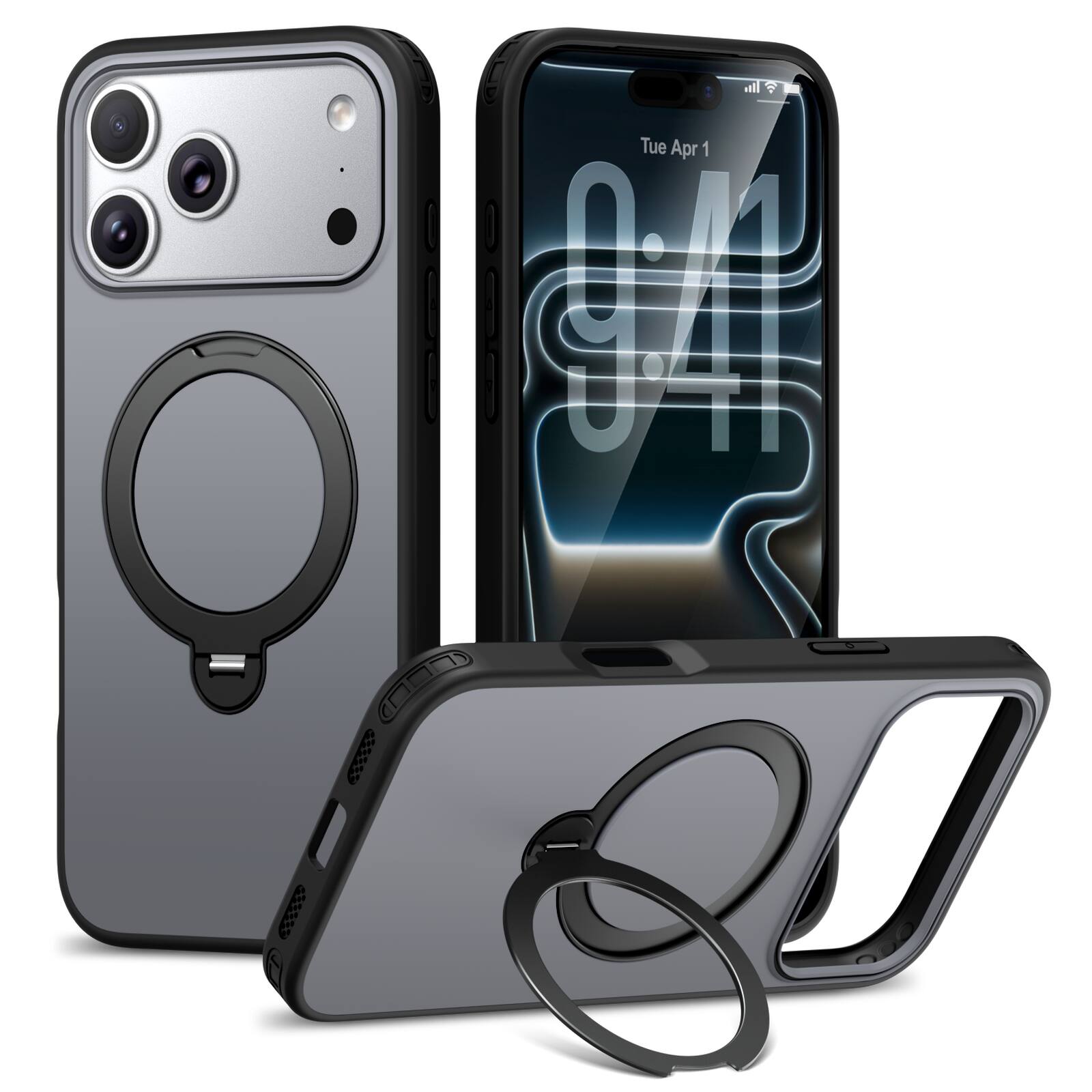Dteck - Magnetic Case for Apple iPhone 17 Pro Max with 360° Rotating Ring Stand, Military-Grade Shockproof Protective Cover - Black