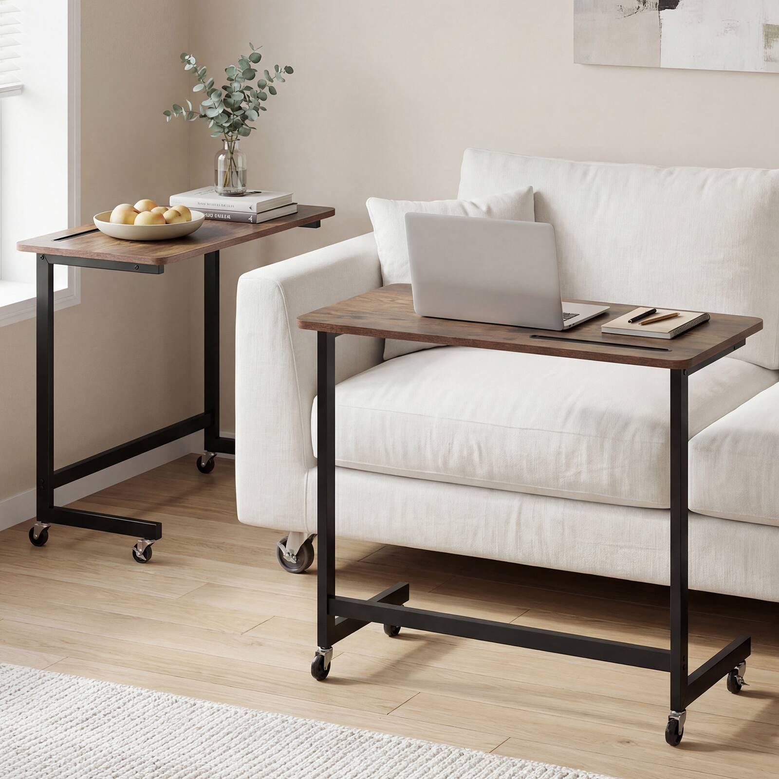 Alt View 3. Gymax - Gymax C-Shaped Rolling Side Table w/ Wheels & Tablet SlotMetal FrameRustic Brown - Brown.