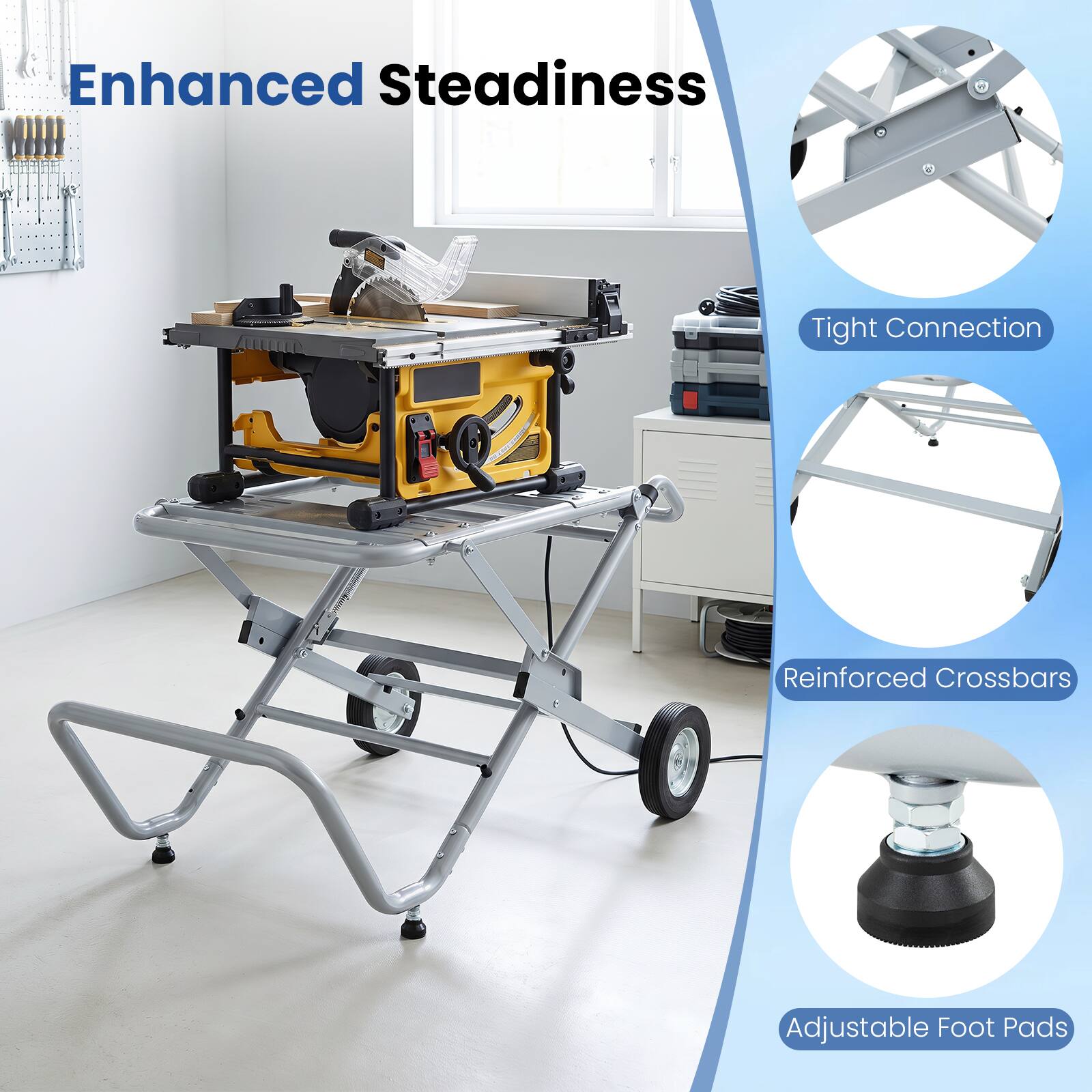 Enhanced Steadiness  
Tight Connection  
Reinforced Crossbars  
Adjustable Foot Pads