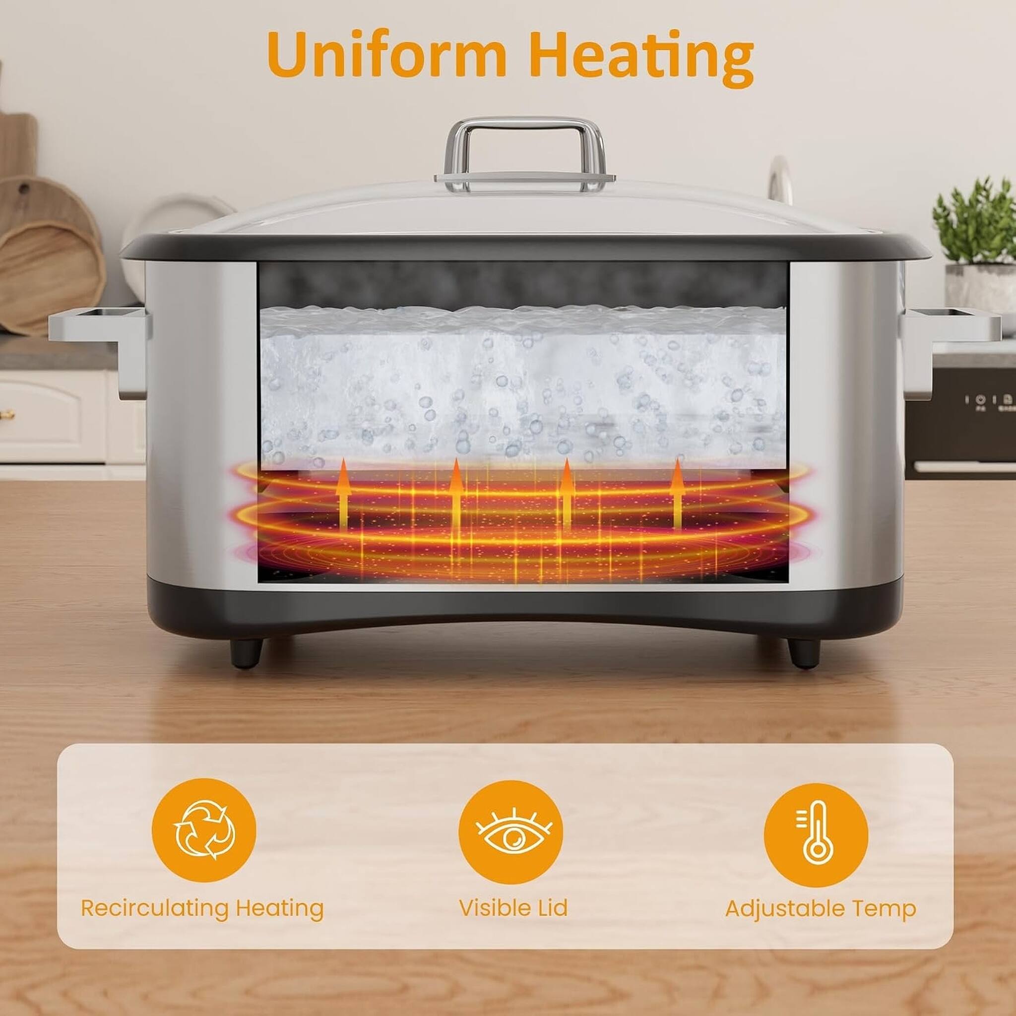 Uniform Heating

Recirculating Heating
Visible Lid
Adjustable Temp