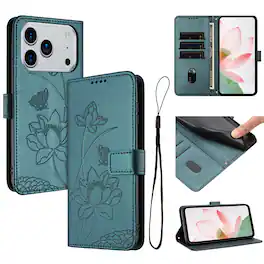 Dteck - Shockproof Wallet Case for Apple iPhone 17 Pro Max with Detachable Wrist Strap, Protective PU Leather Folio Stand Cover - Darkgreen