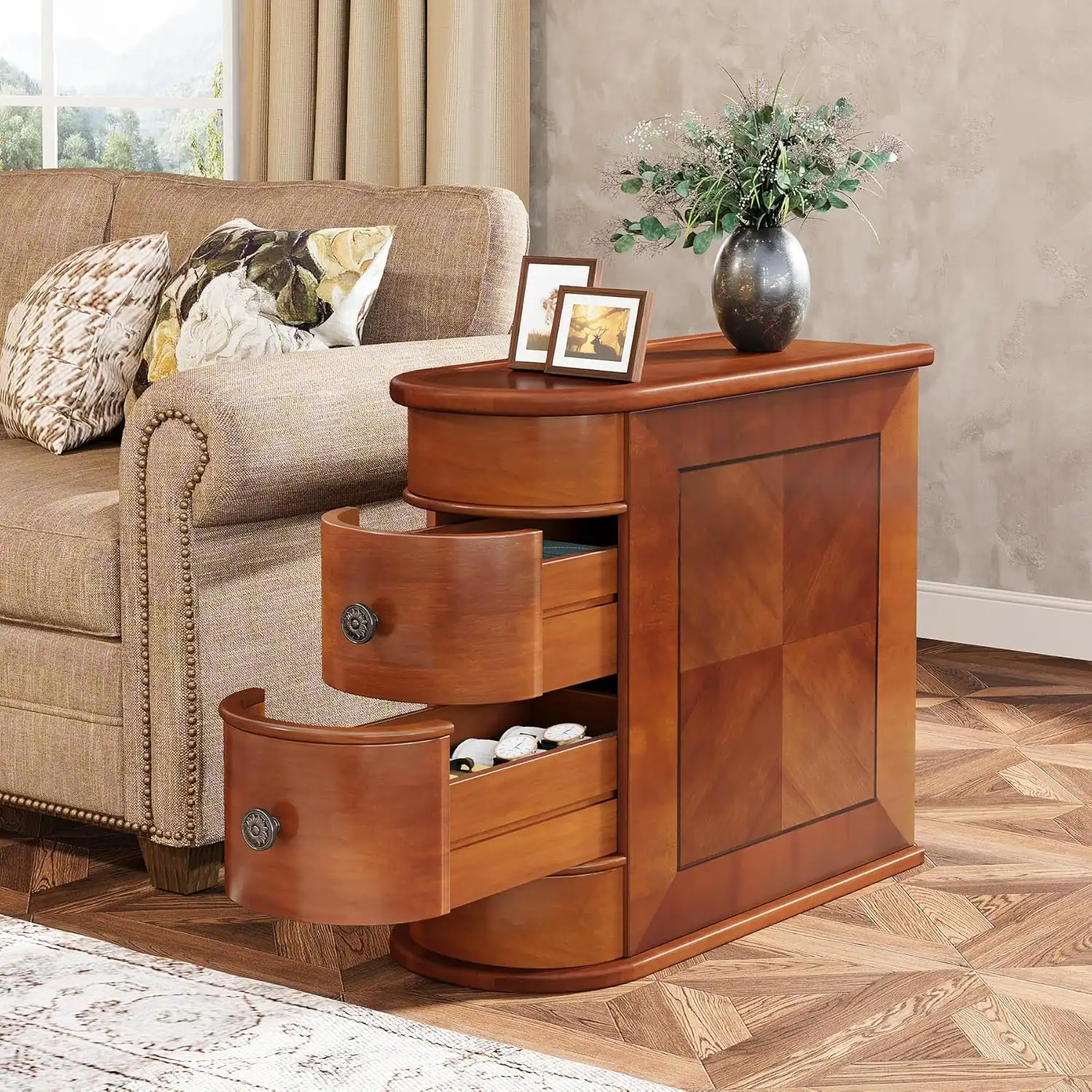 Front. Tribesigns - End Table with Solid Wood Construction, Metal Frame and Easy-Clean Surface for Living Room and Bedroom - Brown.