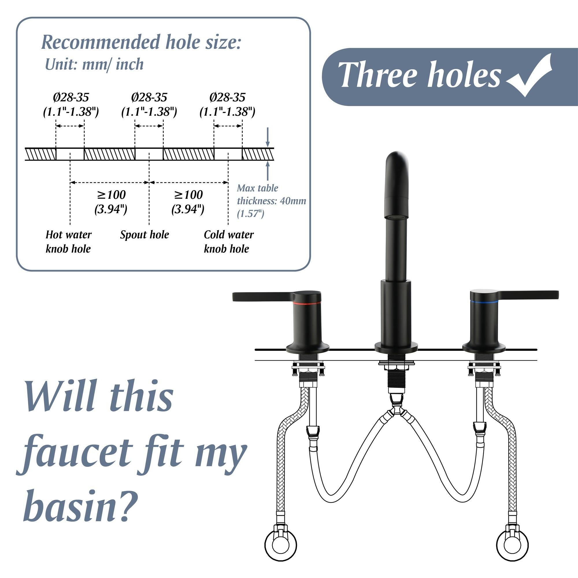 Recommended hole size:  
Unit: mm/ inch  
028-35 (1.1"-1.38")  
028-35 (1.1"-1.38")  
028-35 (1.1"-1.38")  

Three holes  
Mx table 100 (3.94")  
100 (3.94")  
thickness: 40mm (1.57")  

Hot water knob hole  
Spout hole  
Cold water knob hole  

Will this faucet fit my basin?
