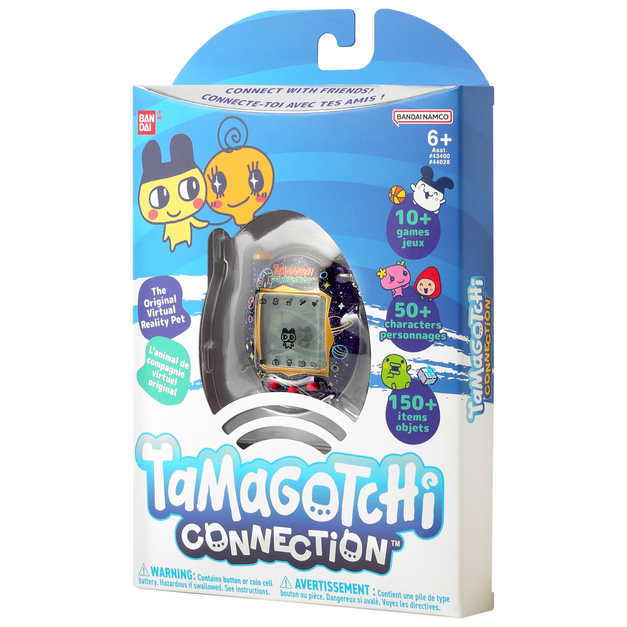 BANDAI CONNECT WITH FRIENDS! AMIS ! CONNECTE-TOI AVEC TES BANDAI NAMCO 6+ Asst. #43400 44028 10+ games jeux TaMaGOTCHI The Original Virtual Reality Pet characters personnages compagnie original L'animal virtuel de TaMaGOTCHI CONNECTION 150+ items objets TaMaGOTCHI CONNECTION WARNING: Contains button battery. Hazardous if swallowed. o coin cell AVERTISSEMENT See instructions. bouton ou : Contient une pile de type Voyez les directives.