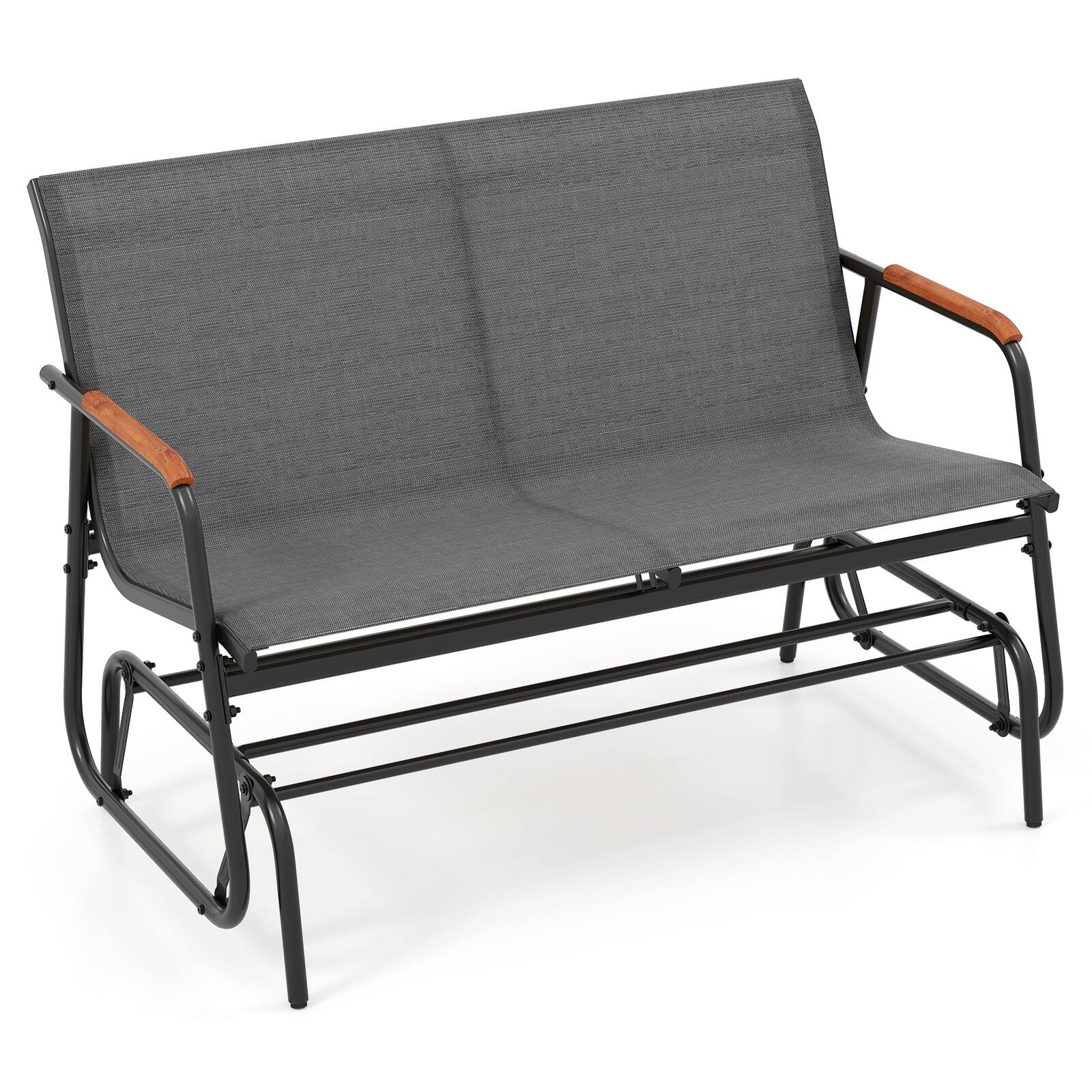 Alt View 1. Costway - Costway 2-Person Outdoor Glider Bench with Breathable Fabric Seat Curved Teak Wood Armrests - Gray.