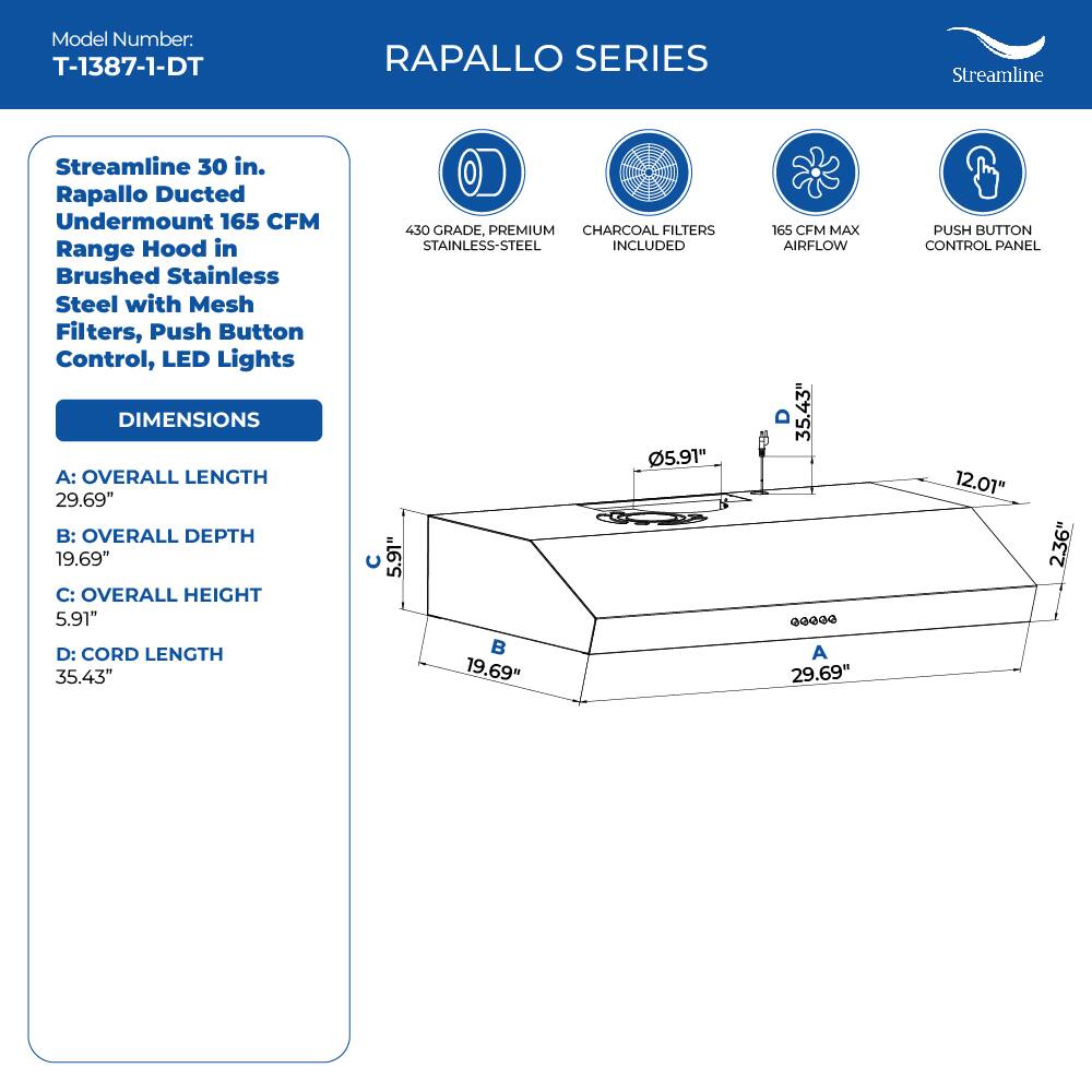 Model Number: T-1387-1-DT

RAPALLO SERIES
Streamline
Streamline 30 in. Rapallo Ducted Undermount 165 CFM Range Hood in Brushed Stainless Steel with Mesh Filters, Push Button Control, LED Lights

DIMENSIONS
A: OVERALL LENGTH 29.69"
B: OVERALL DEPTH 19.69"
C: OVERALL HEIGHT 5.91"
D: CORD LENGTH 35.43"

430 GRADE, PREMIUM CHARCOAL FILTERS STAINLESS-STEEL INCLUDED
165 CFM MAX AIRFLOW
PUSH BUTTON CONTROL PANEL

12.01"
2.36"
5.91"
35.43"
29.69"