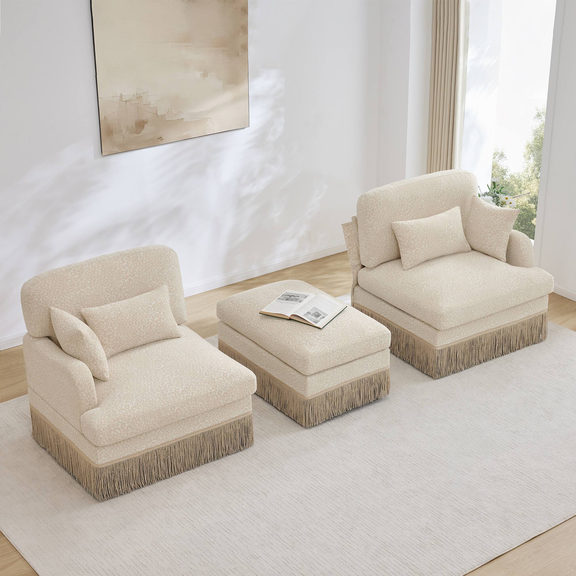 Back. Anysun - Delicate Fashion Style Chenille Leopard Printing L-Shape Sofa with Movable Ottoman, Easy Assembly - Beige.