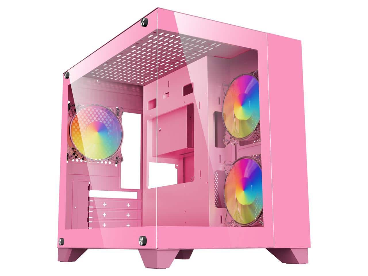 DIYPC - ARGB-Q1.V2-P Pink USB3.0 Micro ATX Case w/ Tempered Glass & 3x ARGB Fans - Pink