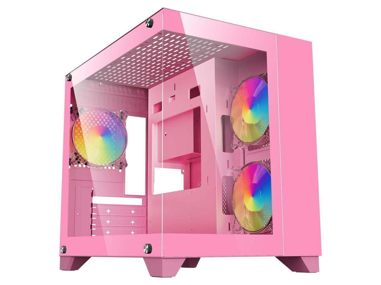 Front. DIYPC - DIYPC ARGB-Q1.V2-P Pink USB3.0 Micro ATX Case w/ Tempered Glass & 3x ARGB Fans - Pink.