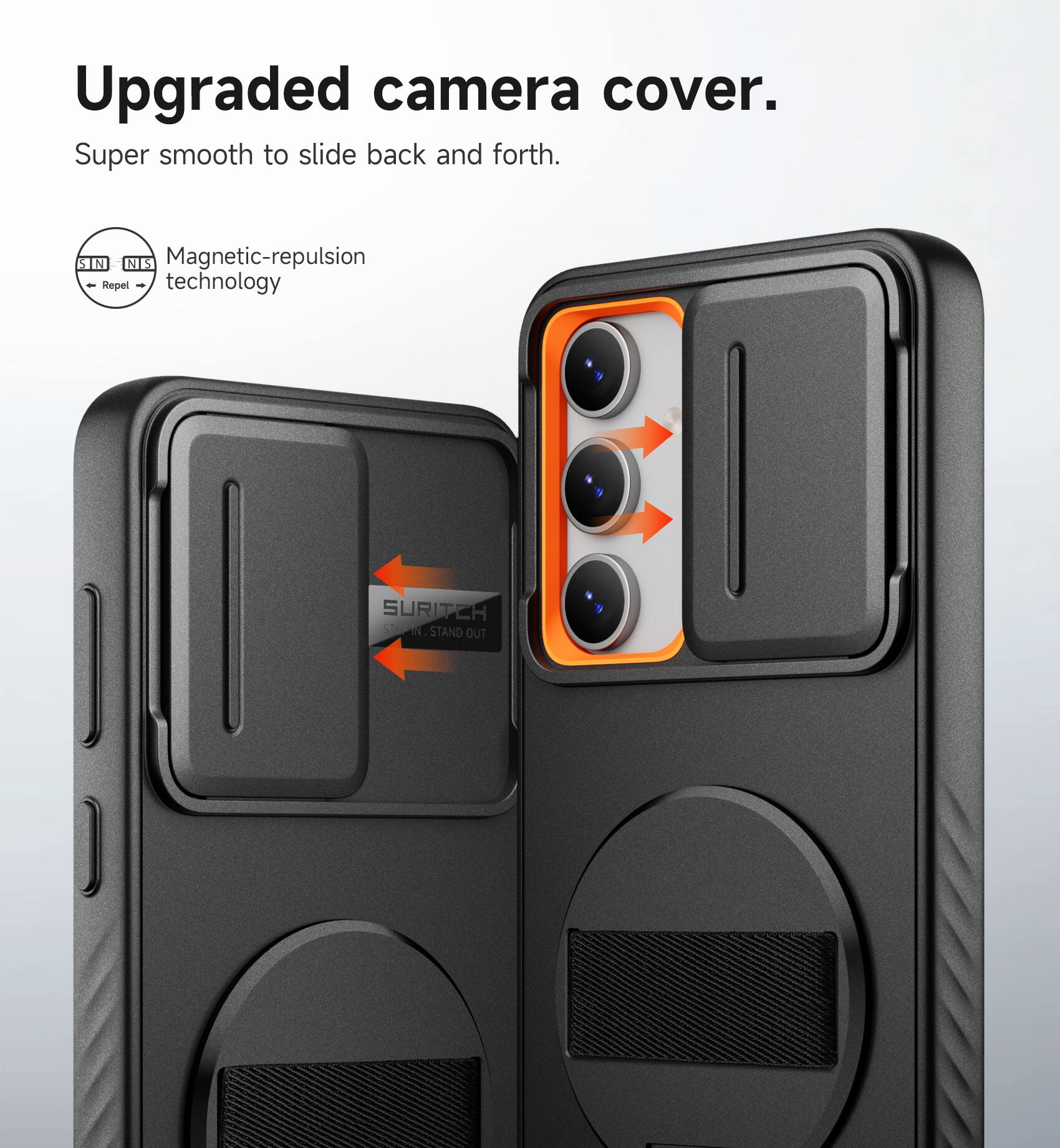 Upgraded camera cover. Super smooth to slide back and forth. Magnetic-repulsion - Repel technology. SURITCR - STAND OUT