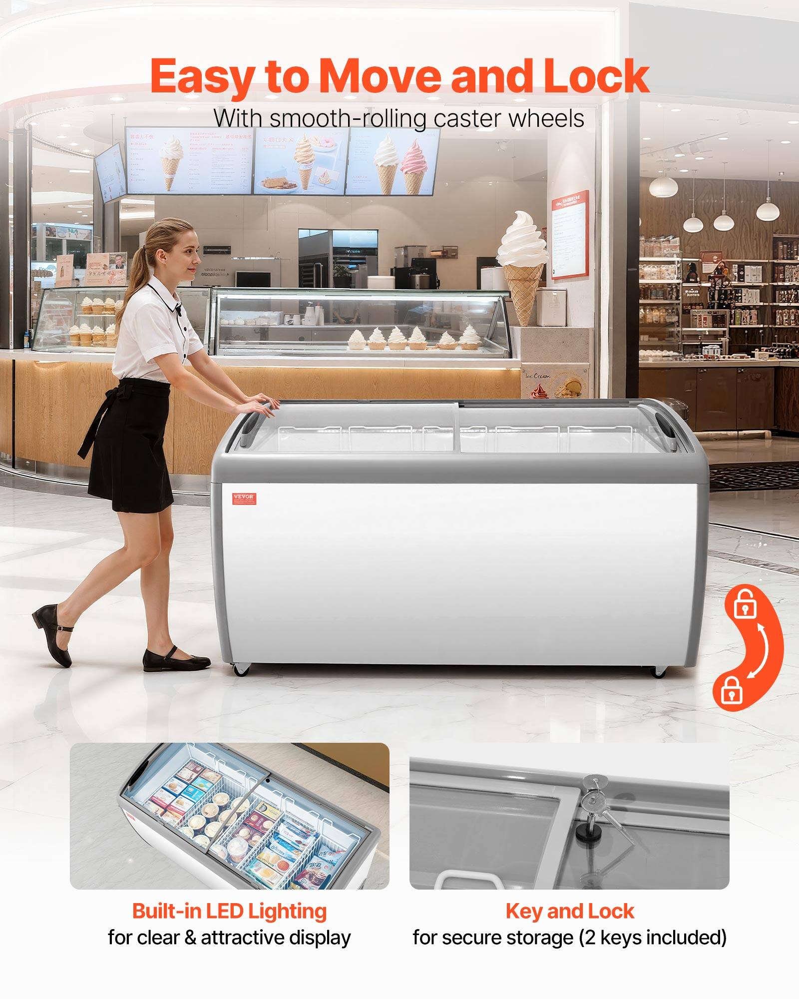 Easy to Move and Lock  
With smooth-rolling caster wheels  

Built-in LED Lighting for clear & attractive display  

Key and Lock for secure storage (2 keys included)