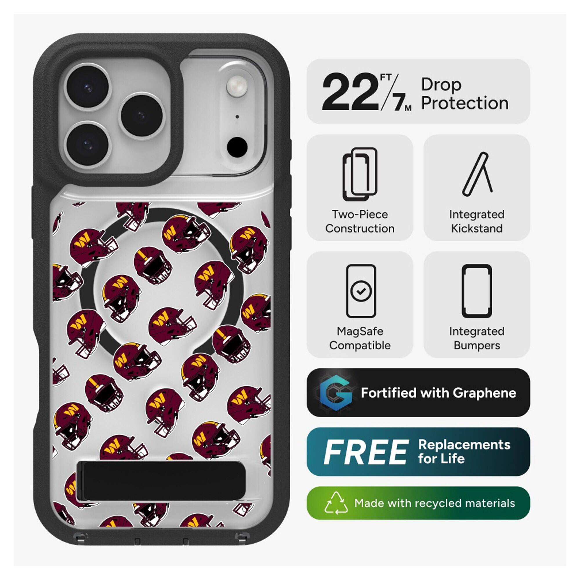 FT 2277 Drop Protection  
22 FT / 7 M  
Two-Piece Construction  
Integrated Kickstand  
MagSafe Compatible  
Integrated Bumpers  
Fortified with Graphene  
FREE Replacements for Life  
Made with recycled materials