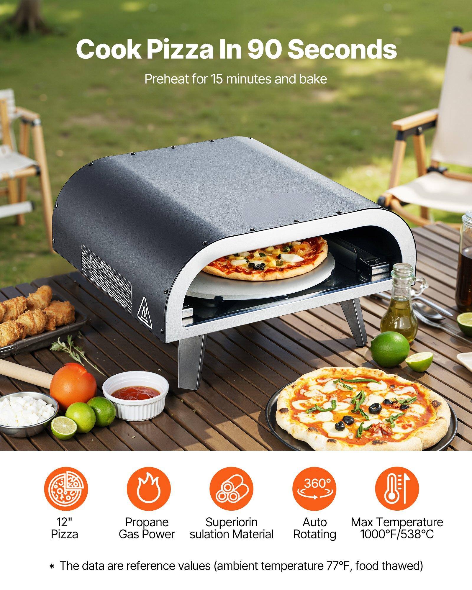 Cook Pizza In 90 Seconds  
Preheat for 15 minutes and bake  

12" Pizza  
Propane Gas Power  
Superior Insulation Material  
Auto Rotating  
Max Temperature 1000°F/538°C  

* The data are reference values (ambient temperature 77°F, food thawed)
