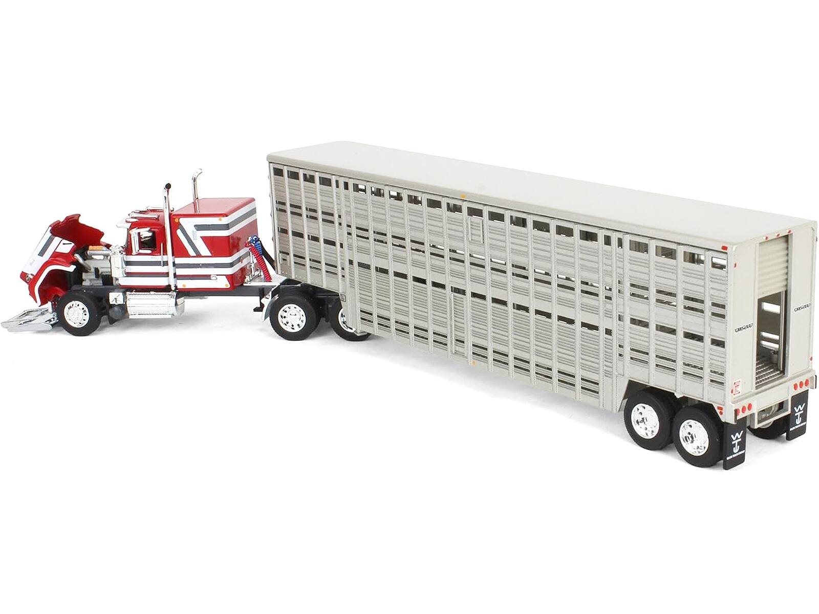 Angle. First Gear - Mack Super-Liner with 60 Flat Top Sleeper and 45' Wilson Vintage Livestock Trailer Red with White and Gray Stripes 1/64 - Red , White ,Gray.