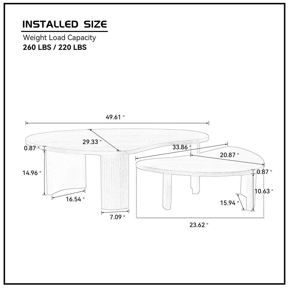 INSTALLED SIZE  
Weight Load Capacity  
260 LBS / 220 LBS  

49.61"  
0.87"  
29.33"  
33.86"  
20.87"  
14.96"  
0.87"  
16.54"  
15.94"  
10.63"  
7.09"  
23.62"
