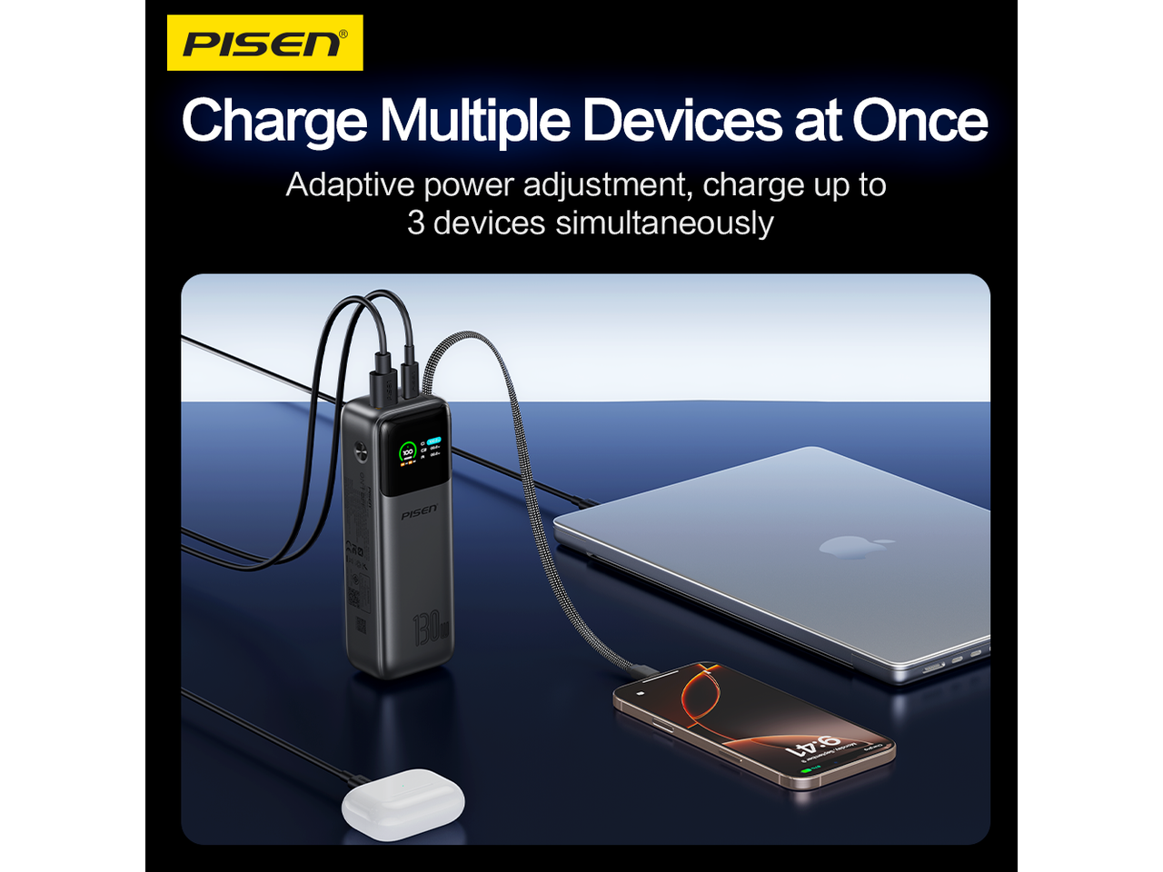 PISEN

Charge Multiple Devices at Once

Adaptive power adjustment, charge up to 3 devices simultaneously

130ml