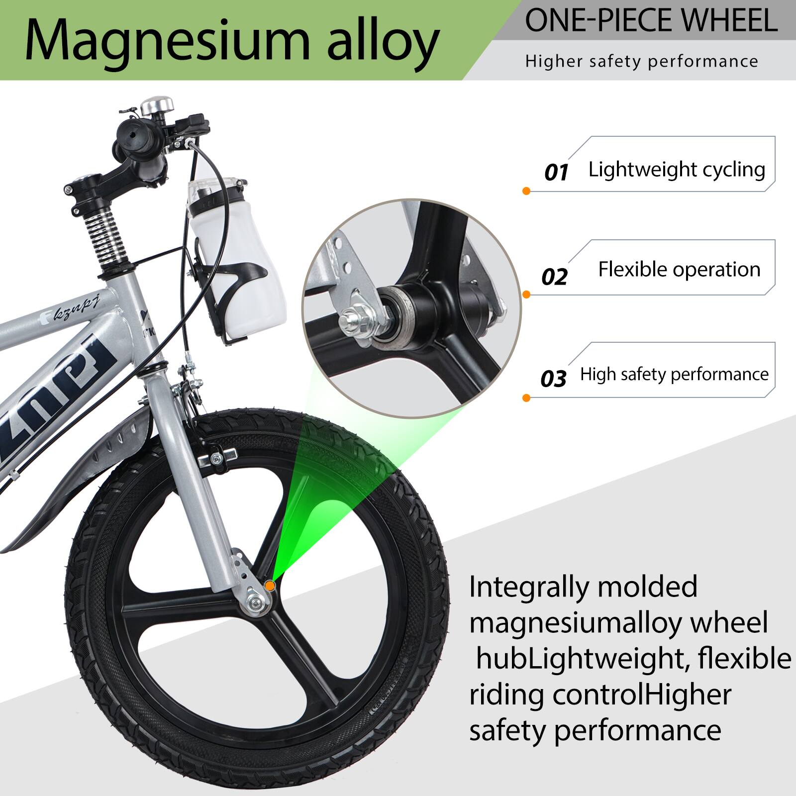 Magnesium alloy ONE-PIECE WHEEL  
Higher safety performance  

01 Lightweight cycling  
02 Flexible operation  
03 High safety performance  

Integrally molded magnesium alloy wheel hub  
Lightweight, flexible riding control  
Higher safety performance